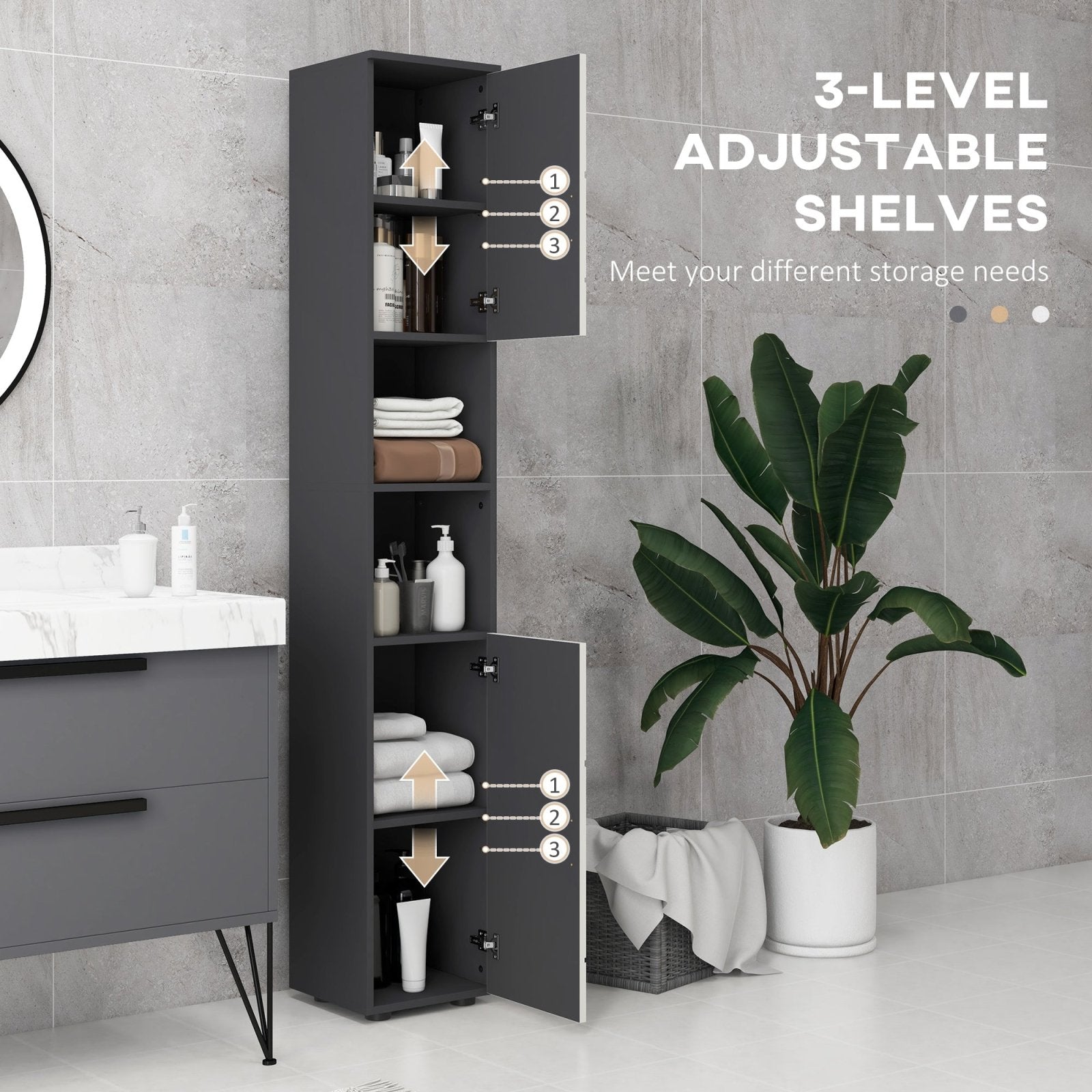 183cm Tall Bathroom Cabinet, Narrow Bathroom Storage Cabinet w/ Open Shelves, 2 Doors Cabinets, Adjustable Shelves, Grey - Bedzy UK modern and affordable home furniture England