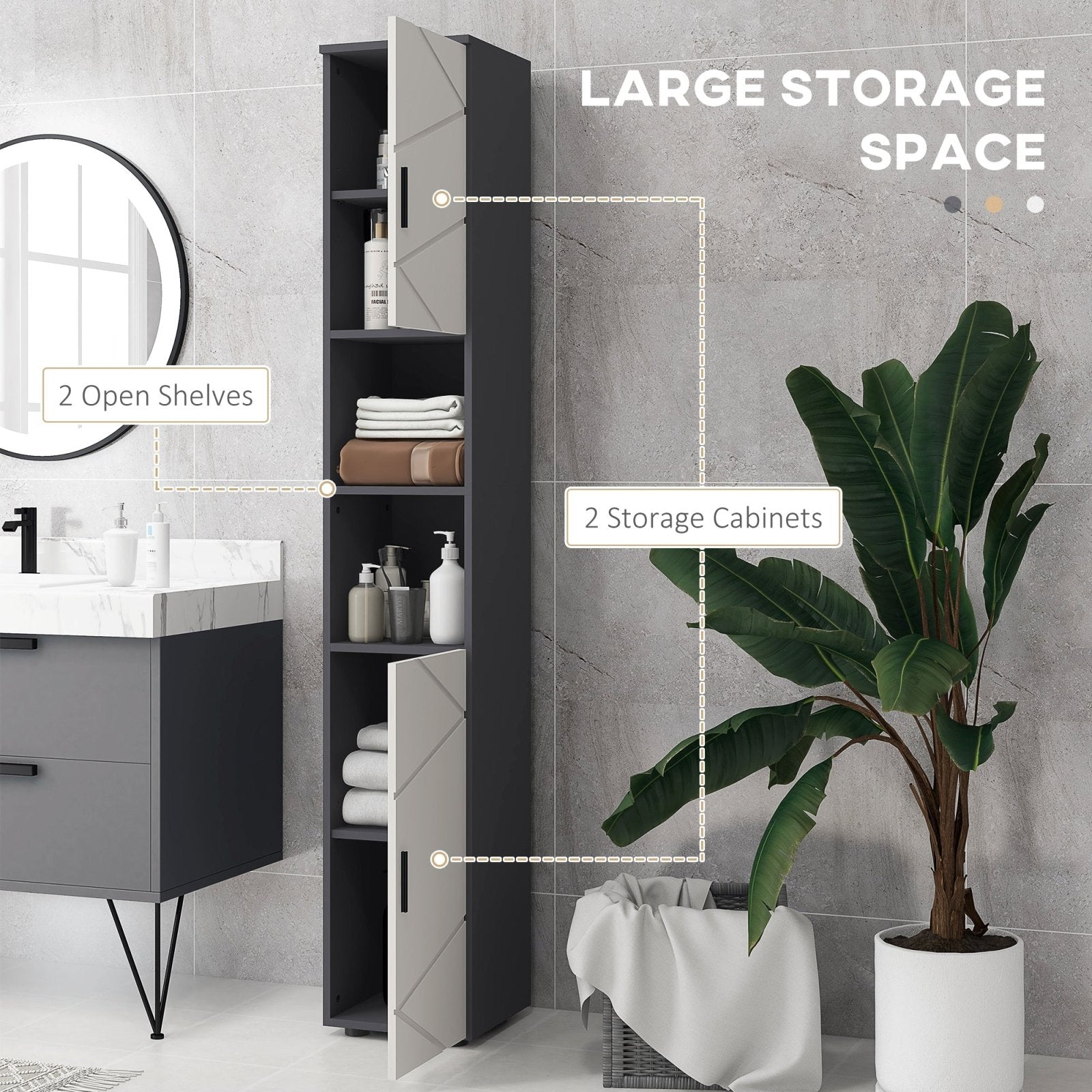 183cm Tall Bathroom Cabinet, Narrow Bathroom Storage Cabinet w/ Open Shelves, 2 Doors Cabinets, Adjustable Shelves, Grey - Bedzy UK modern and affordable home furniture England