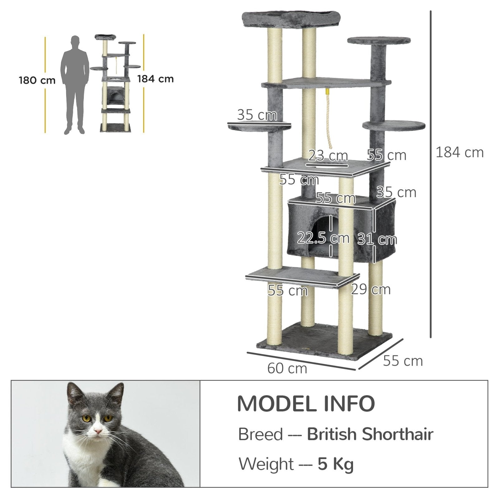 184cm Cat Tree for Indoor Cats, Multi - level Kitten Climbing Tower with Scratching Posts, Cat Bed, Condo, Perches, Hanging Play Rope, Grey - Bedzy UK modern and affordable home furniture England