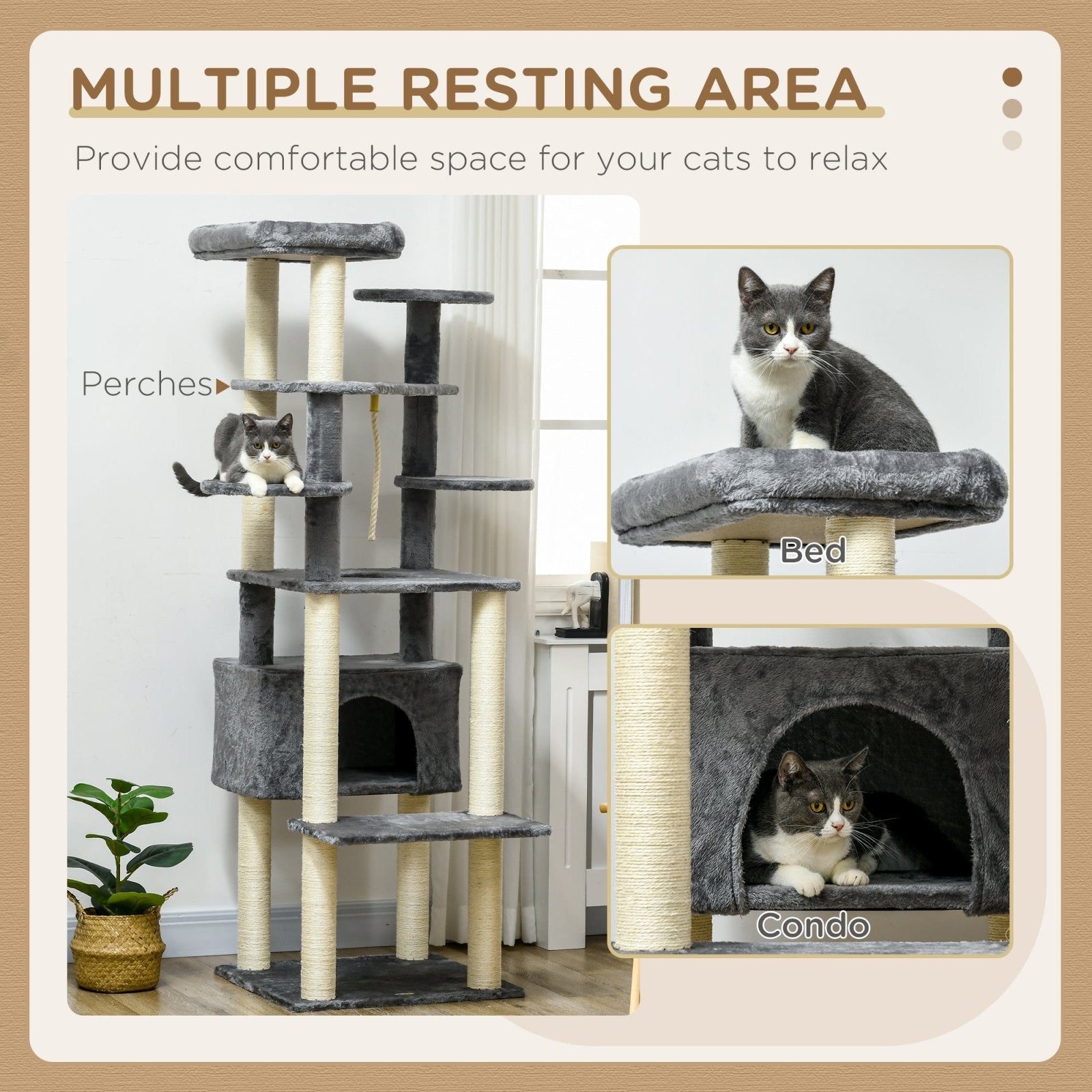 184cm Cat Tree for Indoor Cats, Multi - level Kitten Climbing Tower with Scratching Posts, Cat Bed, Condo, Perches, Hanging Play Rope, Grey - Bedzy UK modern and affordable home furniture England