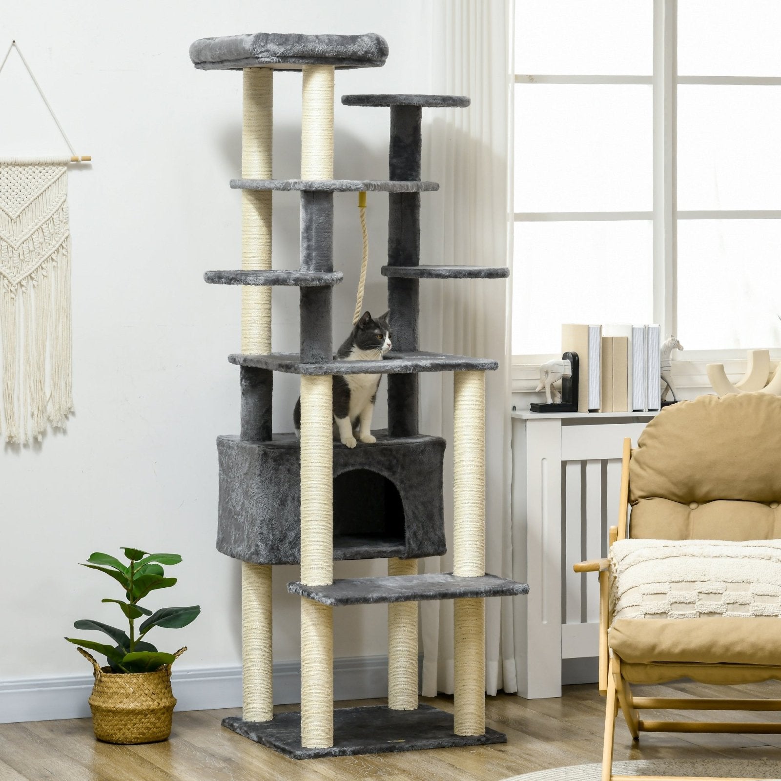 184cm Cat Tree for Indoor Cats, Multi - level Kitten Climbing Tower with Scratching Posts, Cat Bed, Condo, Perches, Hanging Play Rope, Grey - Bedzy UK modern and affordable home furniture England