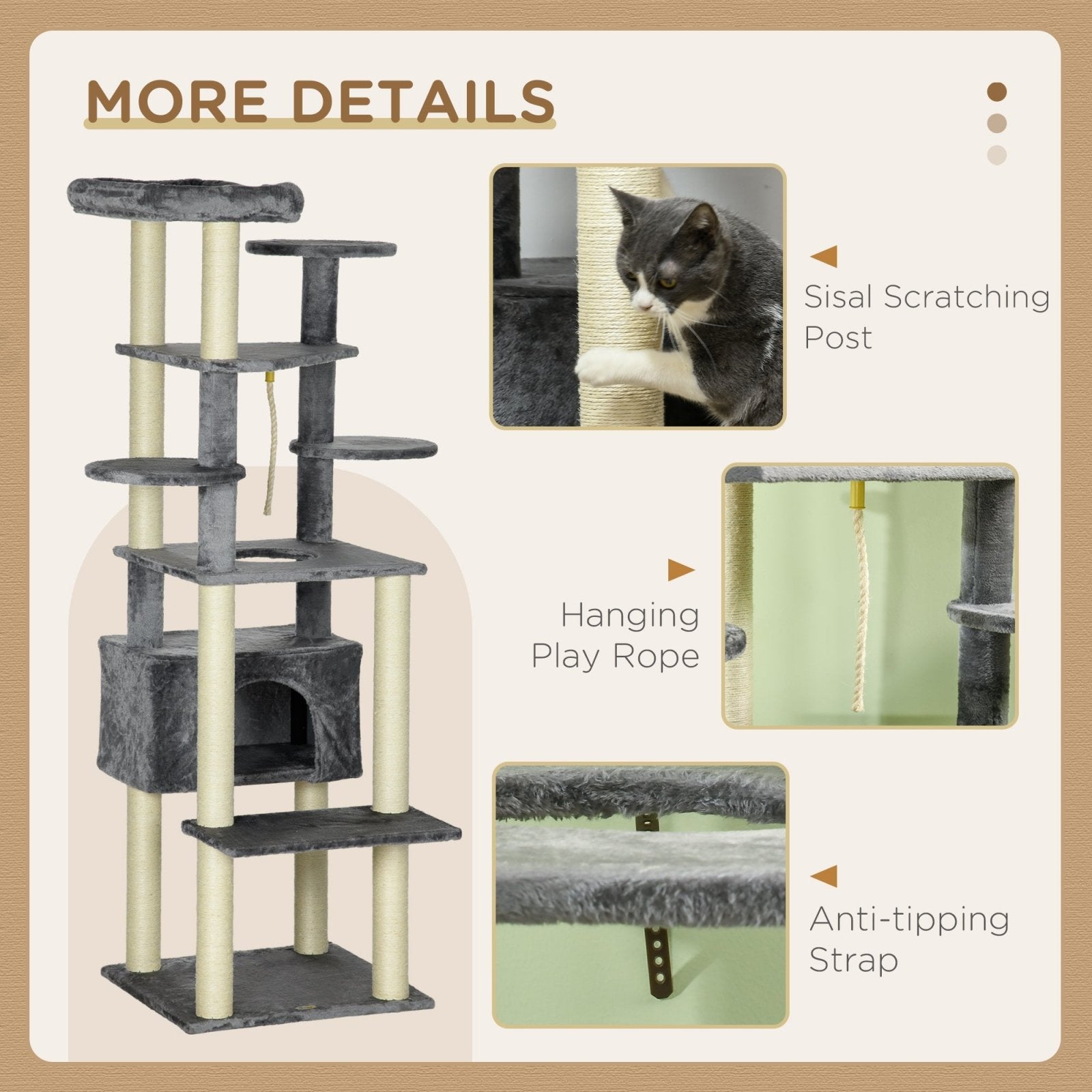 184cm Cat Tree for Indoor Cats, Multi - level Kitten Climbing Tower with Scratching Posts, Cat Bed, Condo, Perches, Hanging Play Rope, Grey - Bedzy UK modern and affordable home furniture England