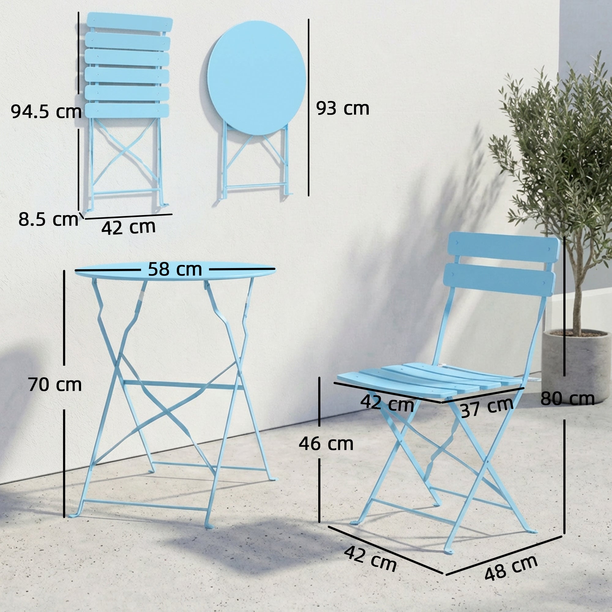 Folding Garden Bistro Set, Outdoor Round Bistro Table and Chairs Set 2 with Electrophoresis Metal Frame, Light Blue