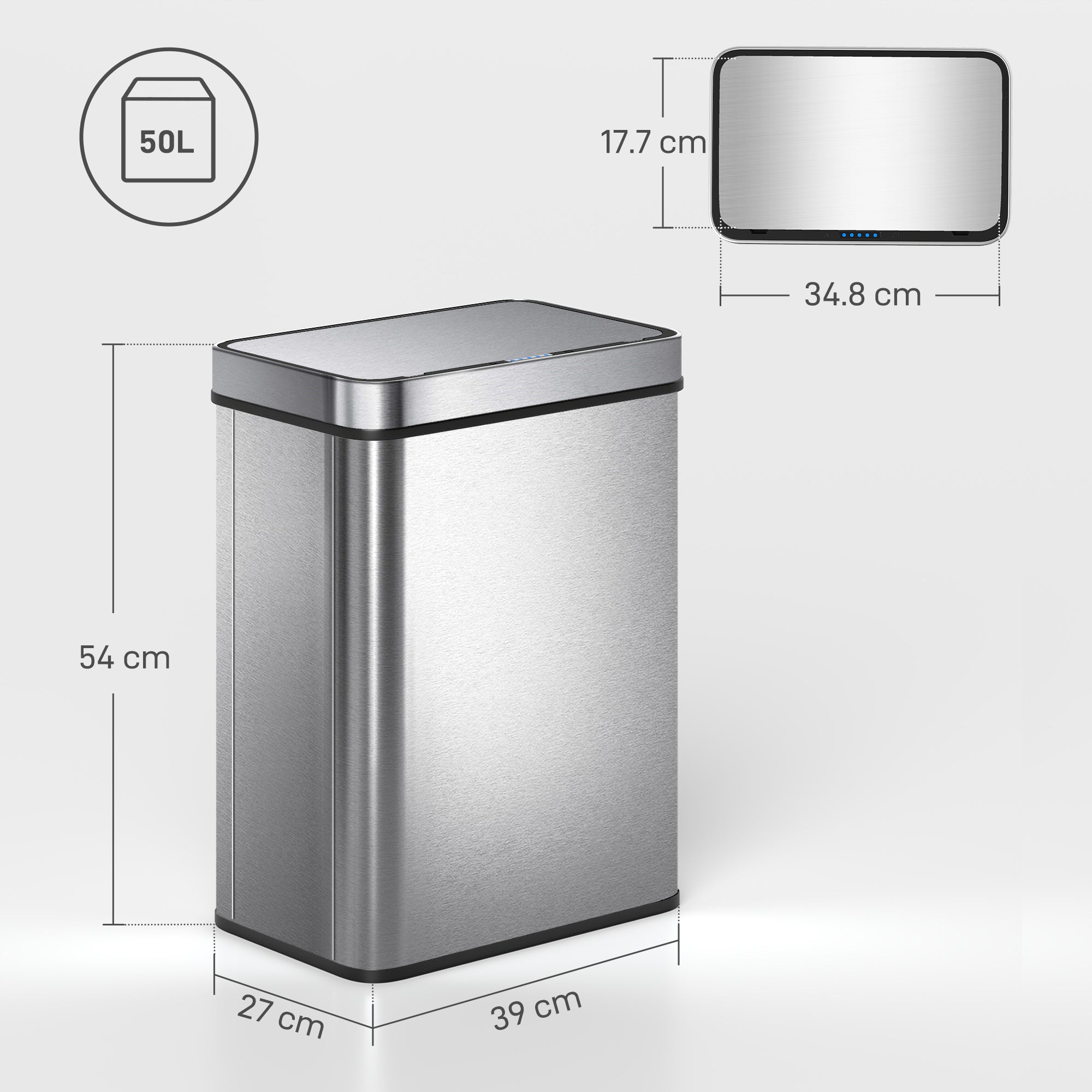 50 L Sensor Can, Sensor Bin with Soft-Close Lid, Fingerprint-Proof Stainless Steel, Silver Tone
