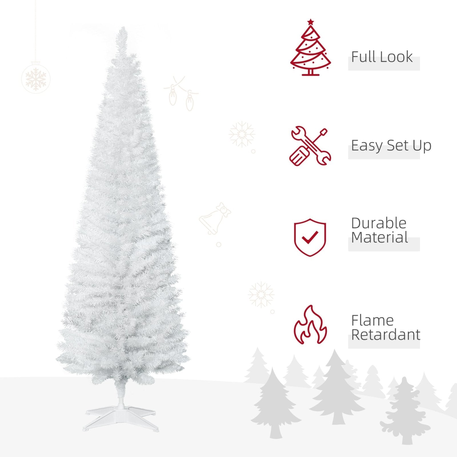 1.8m 6ft Artificial Pine Pencil Slim Tall Christmas Tree with 390 Branch Tips Xmas Holiday Décor with Stand White - Bedzy UK modern and affordable home furniture England