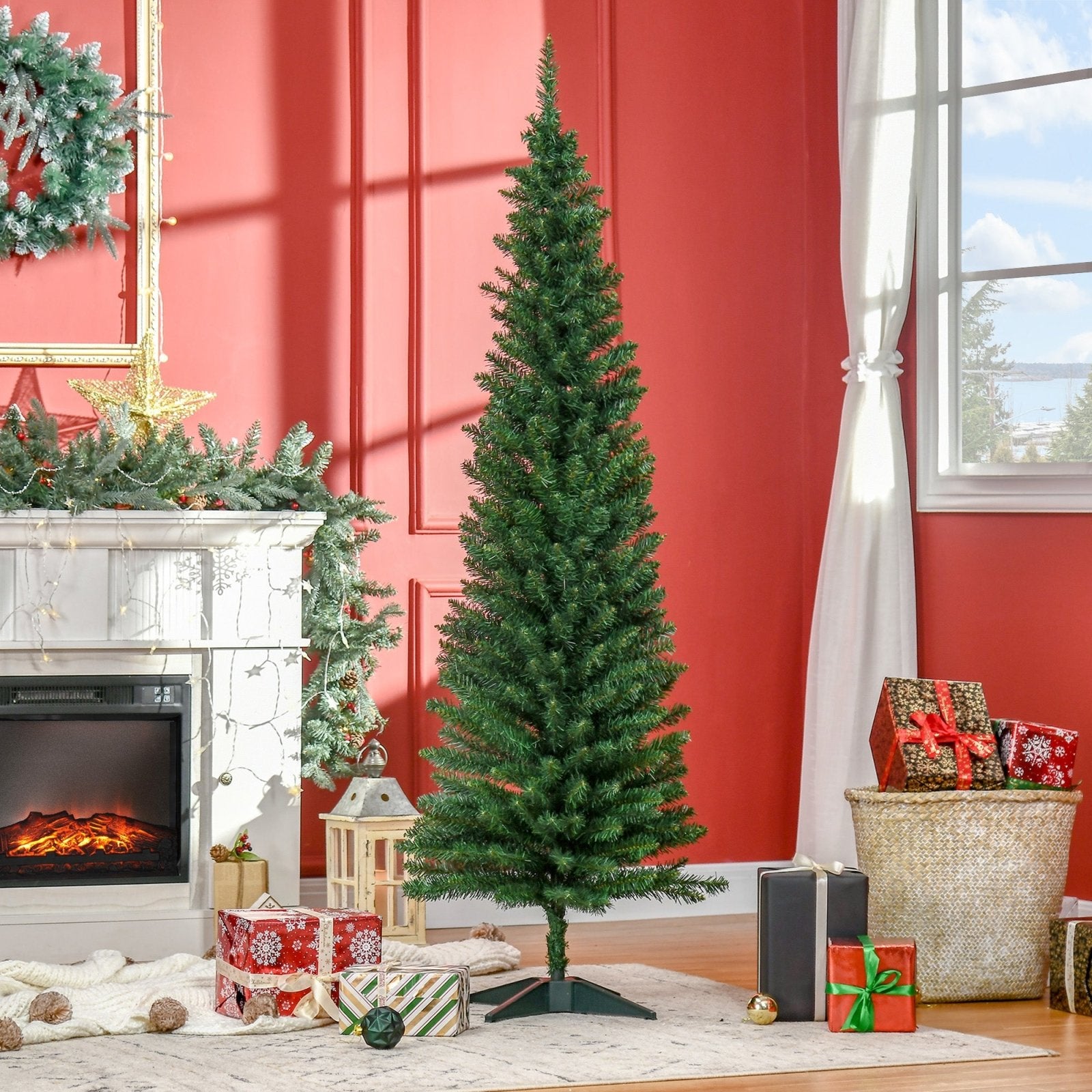 1.8m Artificial Christmas Tree Pine Tree W/Plastic Stand - Green - Bedzy UK modern and affordable home furniture England