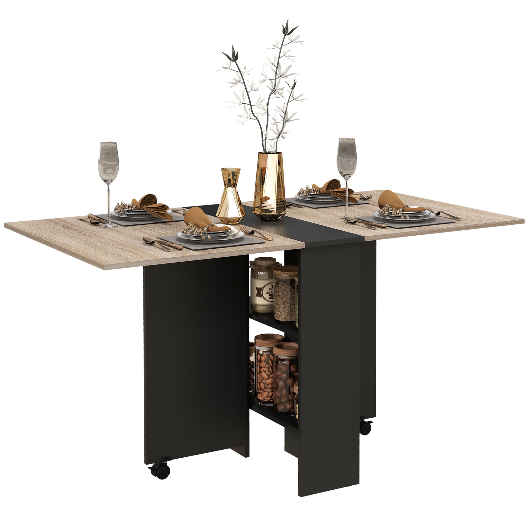 Folding Dining Table, Drop Leaf Table for Small Spaces with 2-tier Shelves, Small Kitchen Table with Rolling Casters, Oak and Black