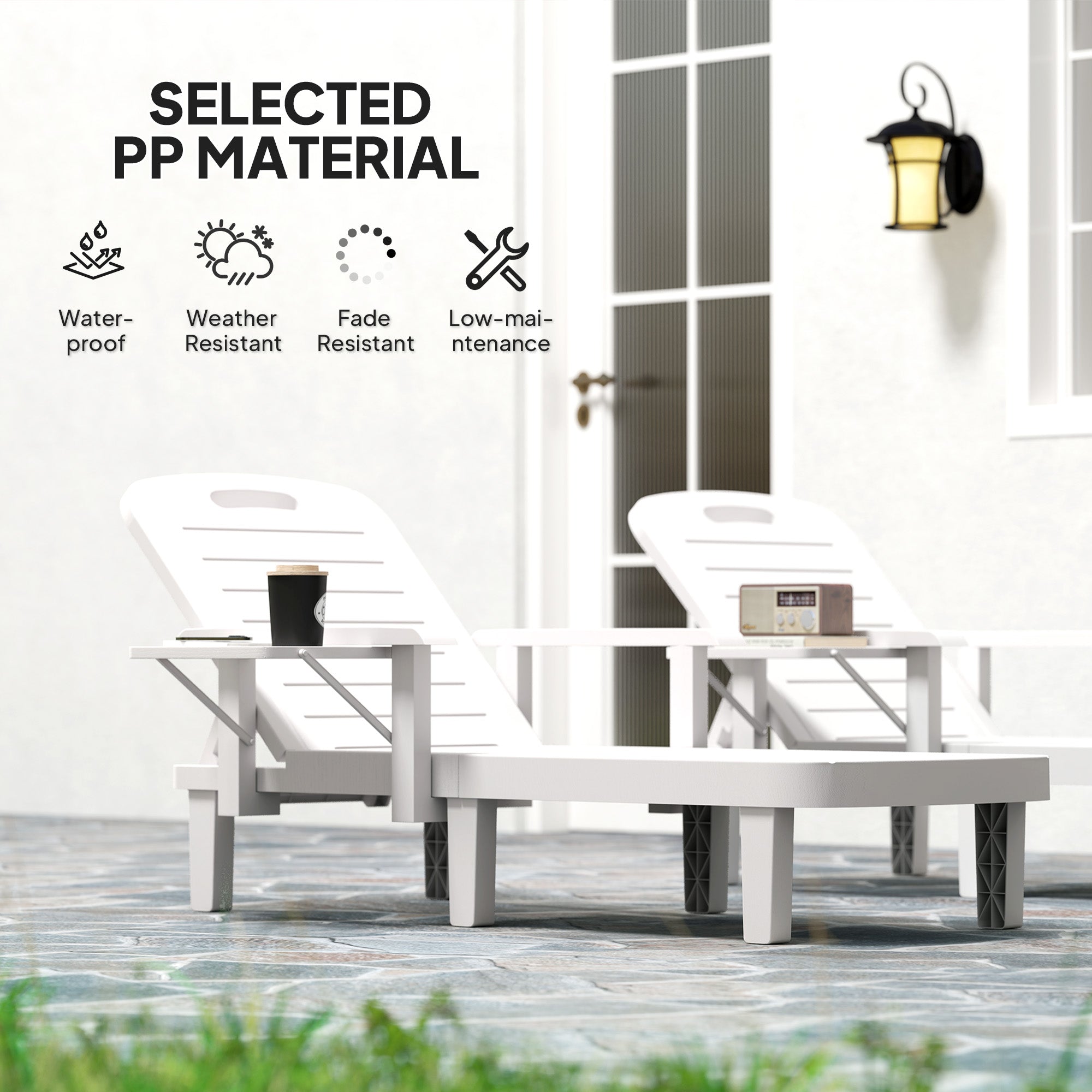 Set of 2 Resin Reclining Sun Loungers for Garden, 5 Positions Adjustable Outdoor Chaise Lounge Chairs with Wood Texture Surface, Armrests, Foldable Side Table for Garden, Beach, White