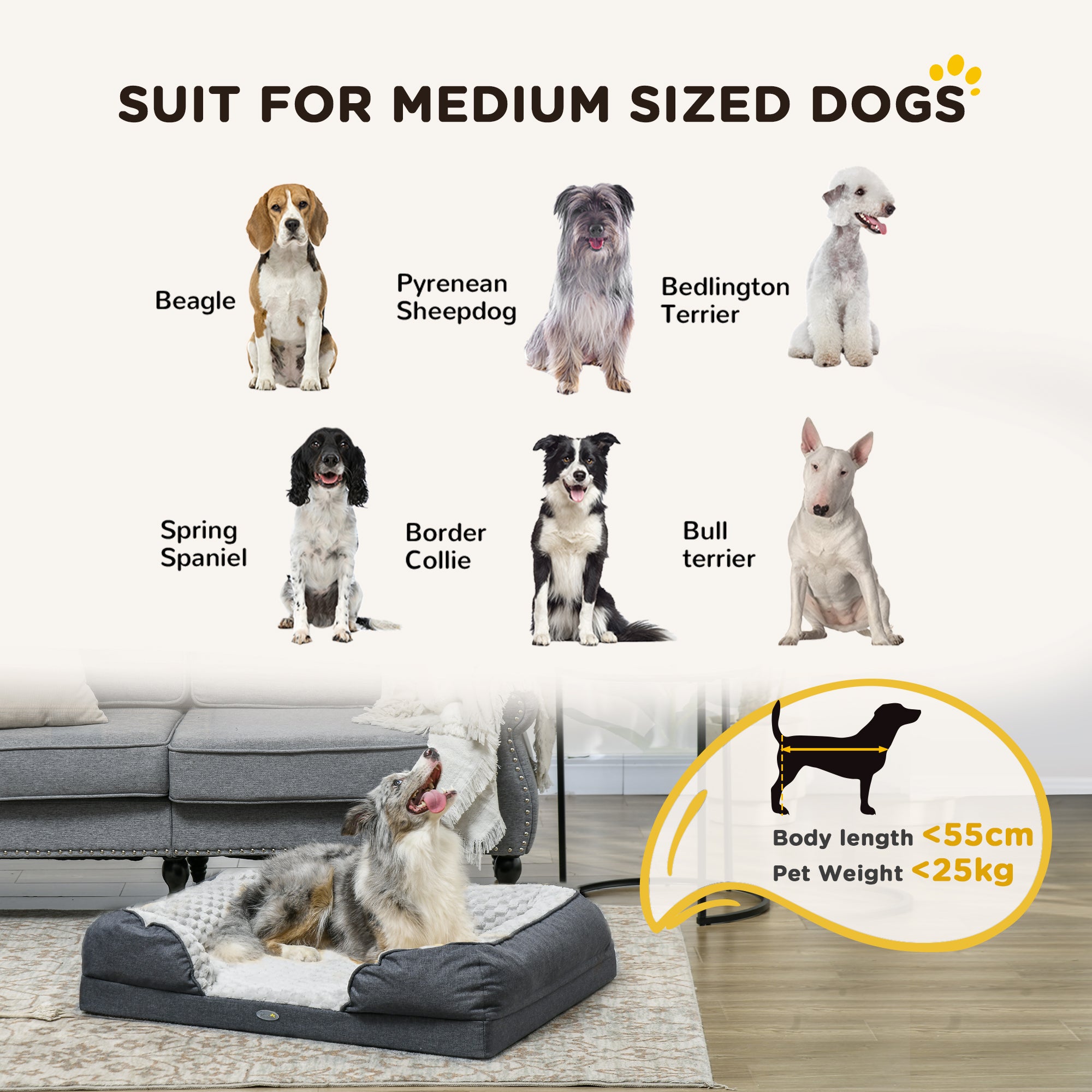 Calming Dog Bed Pet Mattress w/ Removable Cover, Anti-Slip Bottom, for Medium Dogs, 90L x 69W x 21Hcm - Charcoal Grey