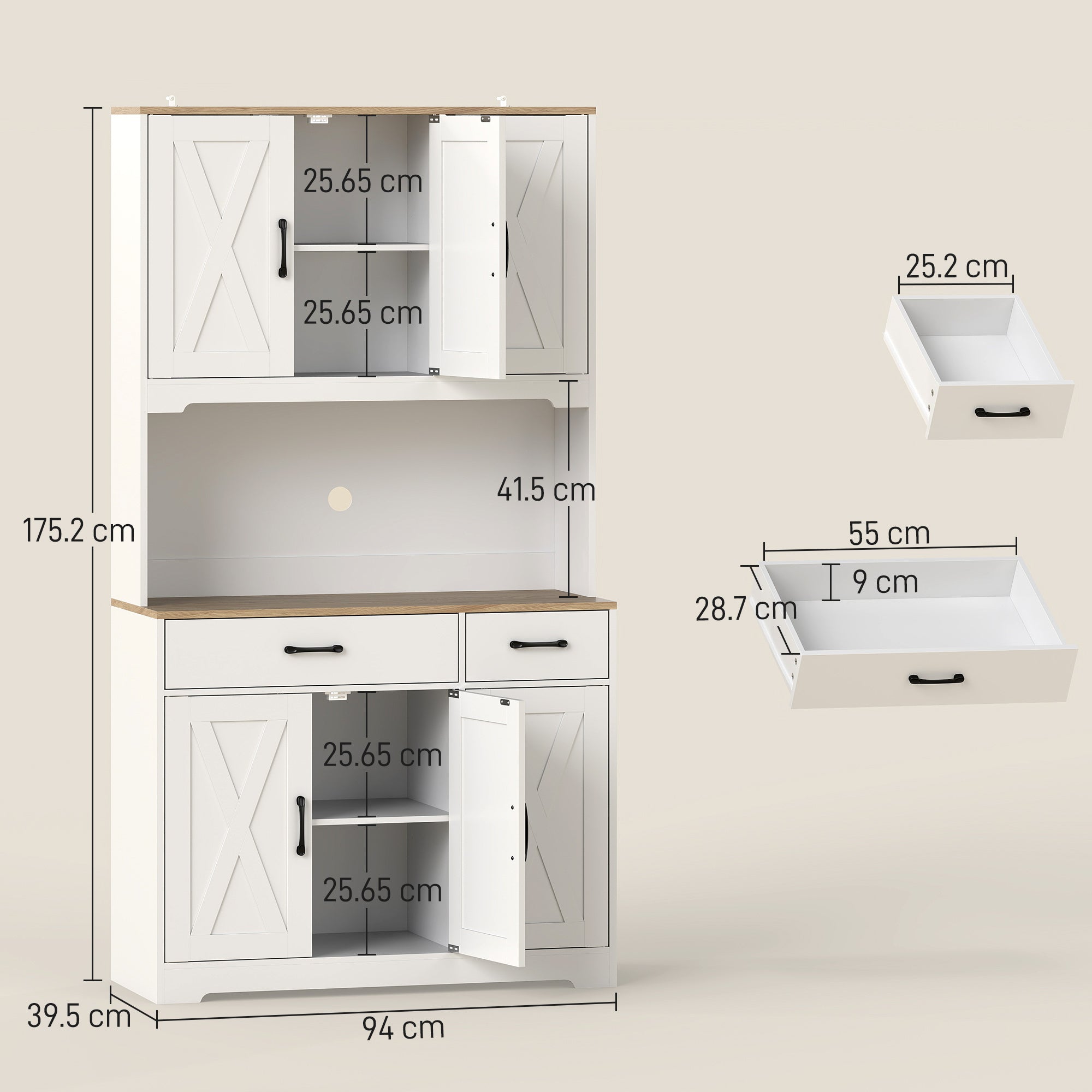 175 cm Tall Kitchen Pantry Cabinet with Microwave Stand, Freestanding Pantry Cupboard, White