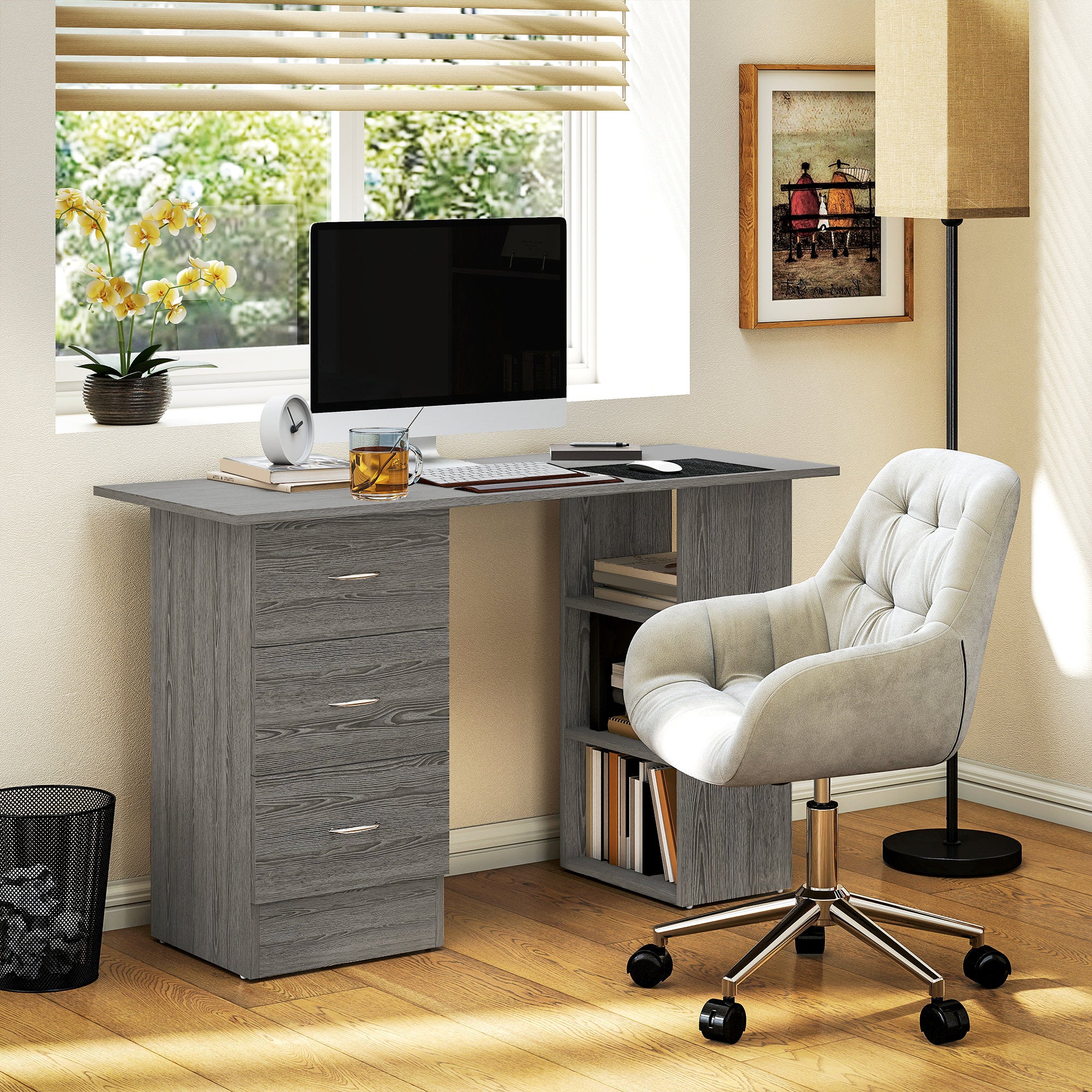 Computer Desk with Drawers, Home Office Desk, Writing Table, PC Workstation with 3 Storage Shelves for Working, Study, 120 x 49 x 72 cm, Grey