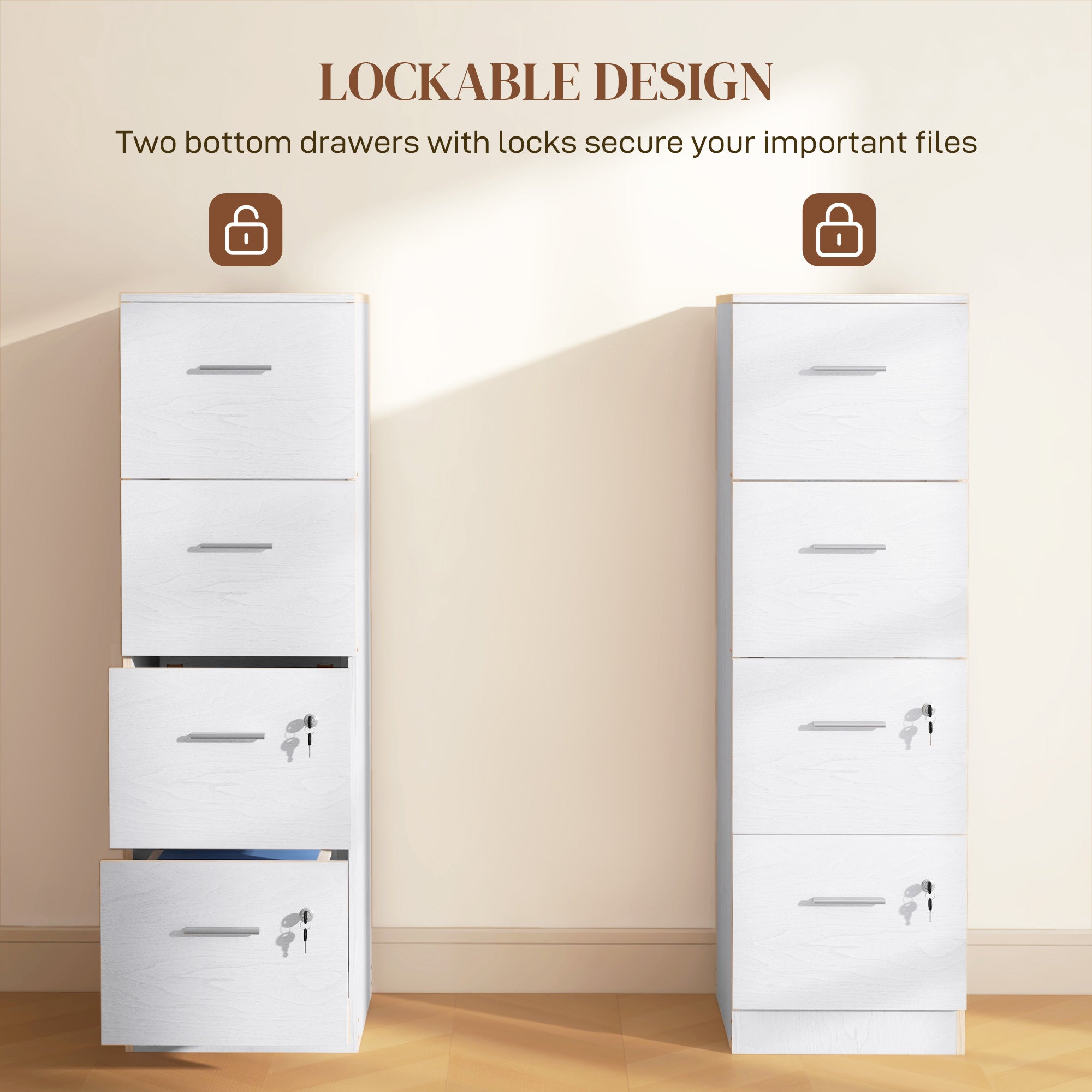 Four-Drawer Lockable Filing Cabinet - White Wood Effect