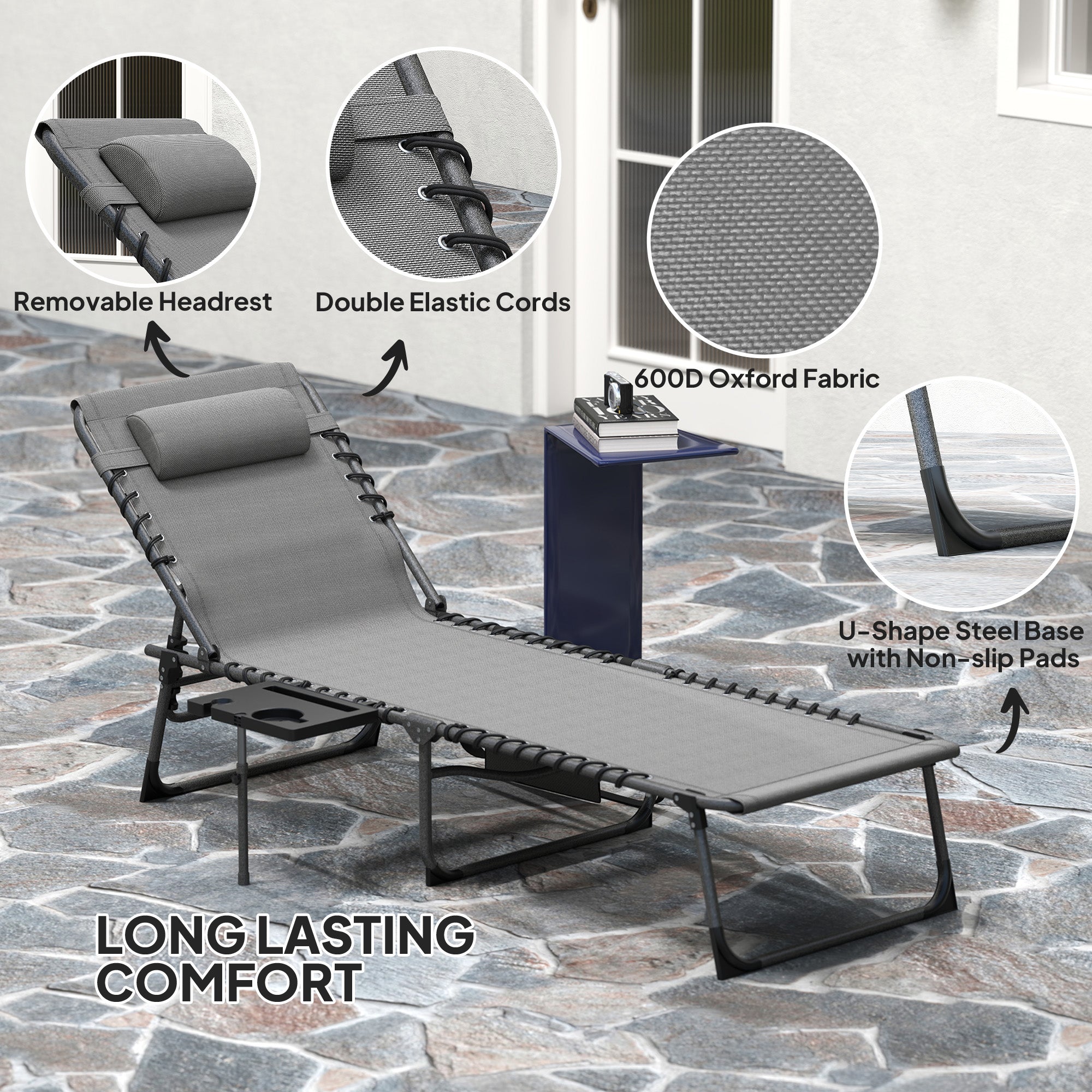 Five-Position Reclining Sun Lounger with Side Table and Pillow - Grey