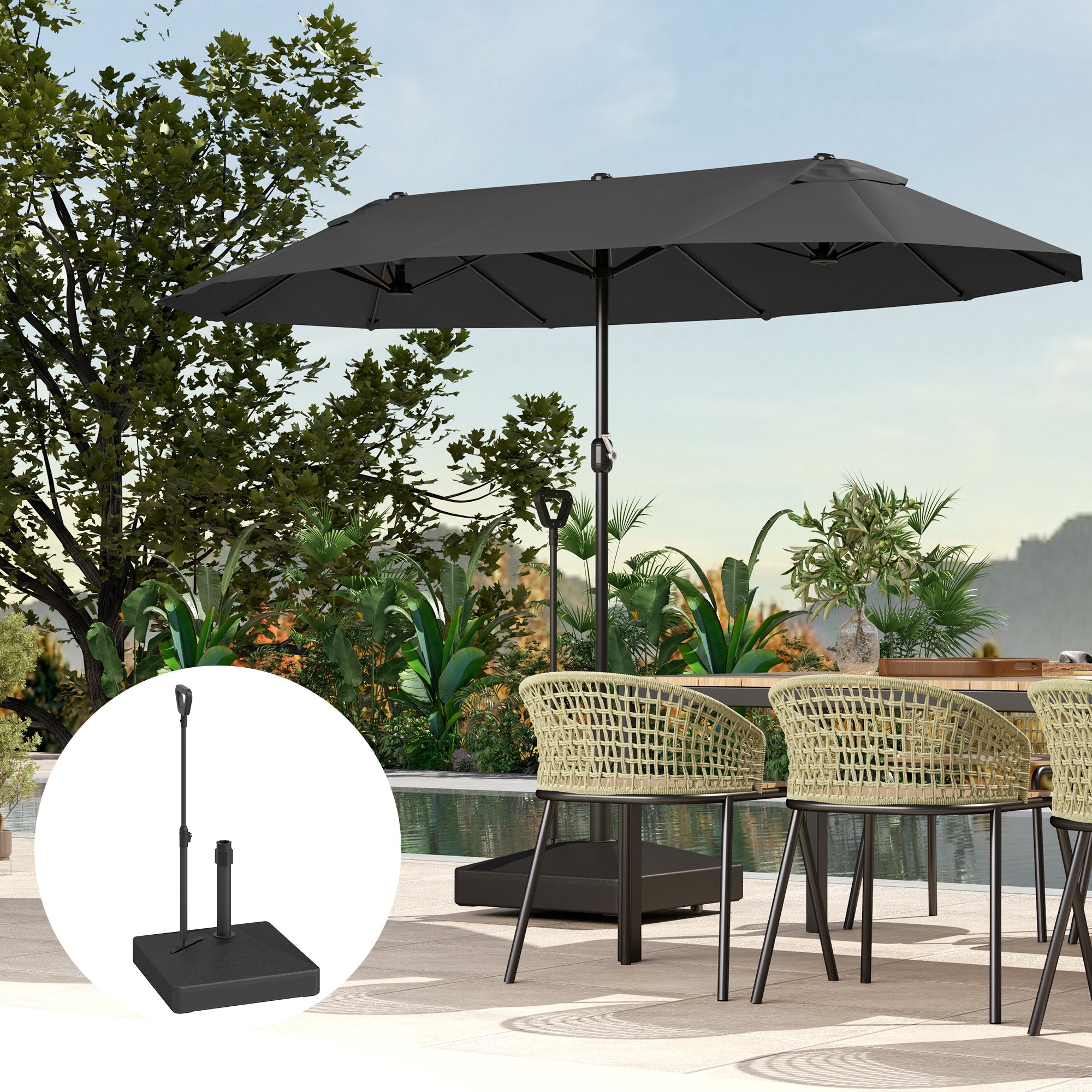 Garden Parasol Base with Adjustable Wheels and Handle, Garden Sun Umbrella Base Parasol Stand, Filled Up to 55kg with Stand, 45kg with Water for 35, 38, 48 mm Poles, Black