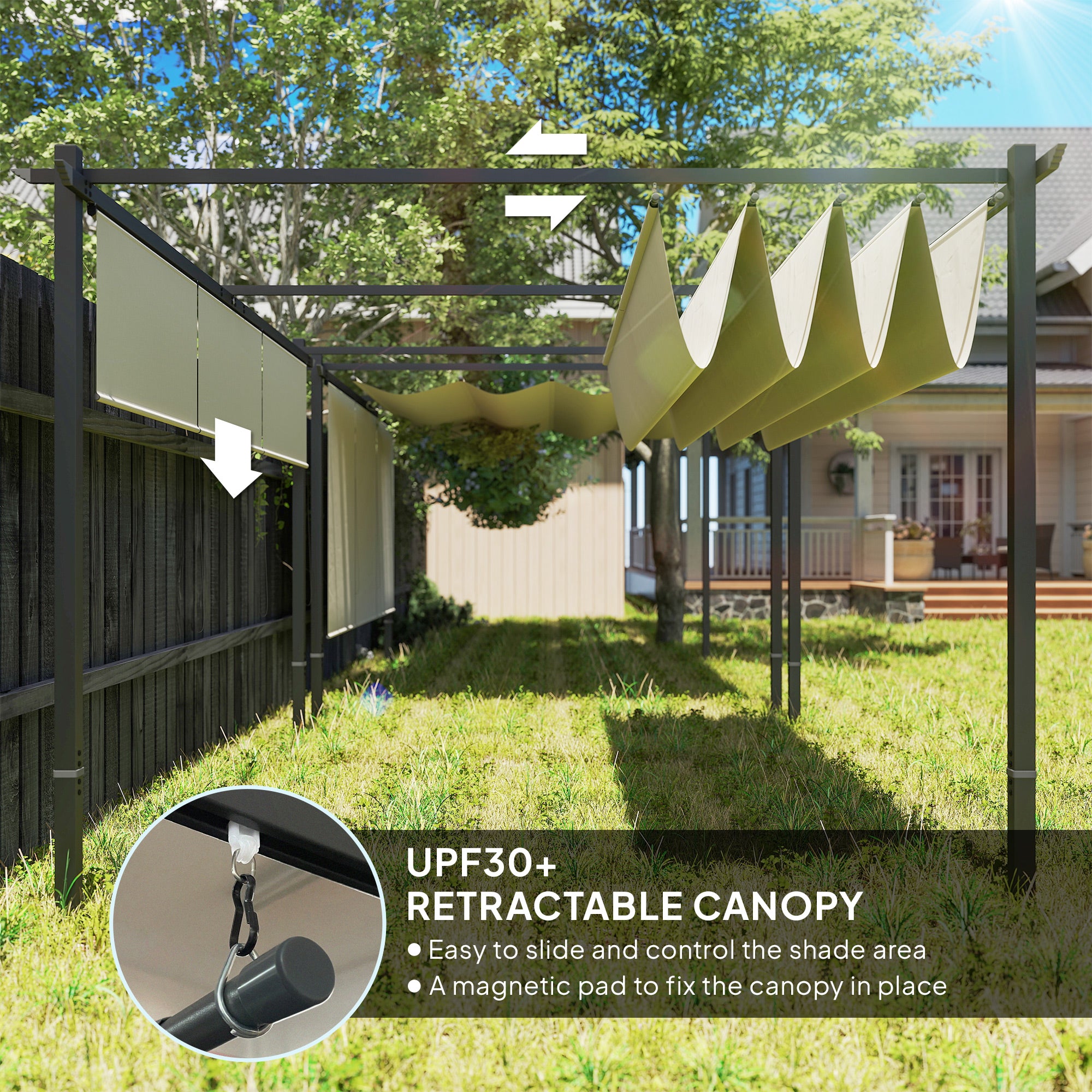 3 x 4m Metal Pergola with Retractable Roof and UPF30+ Shade - Beige