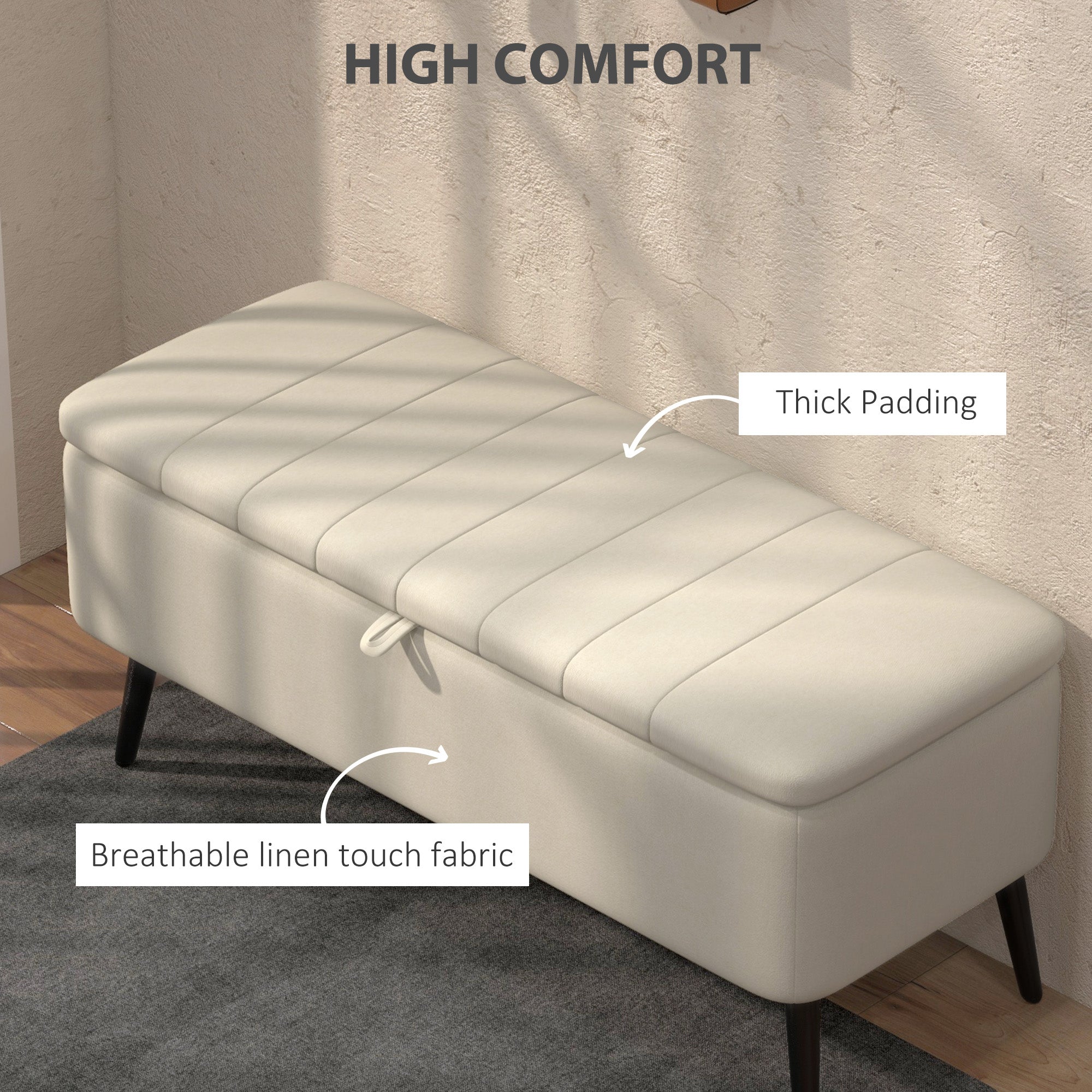 Storage Ottoman Linen Fabric Bench with Flip Top - Cream White