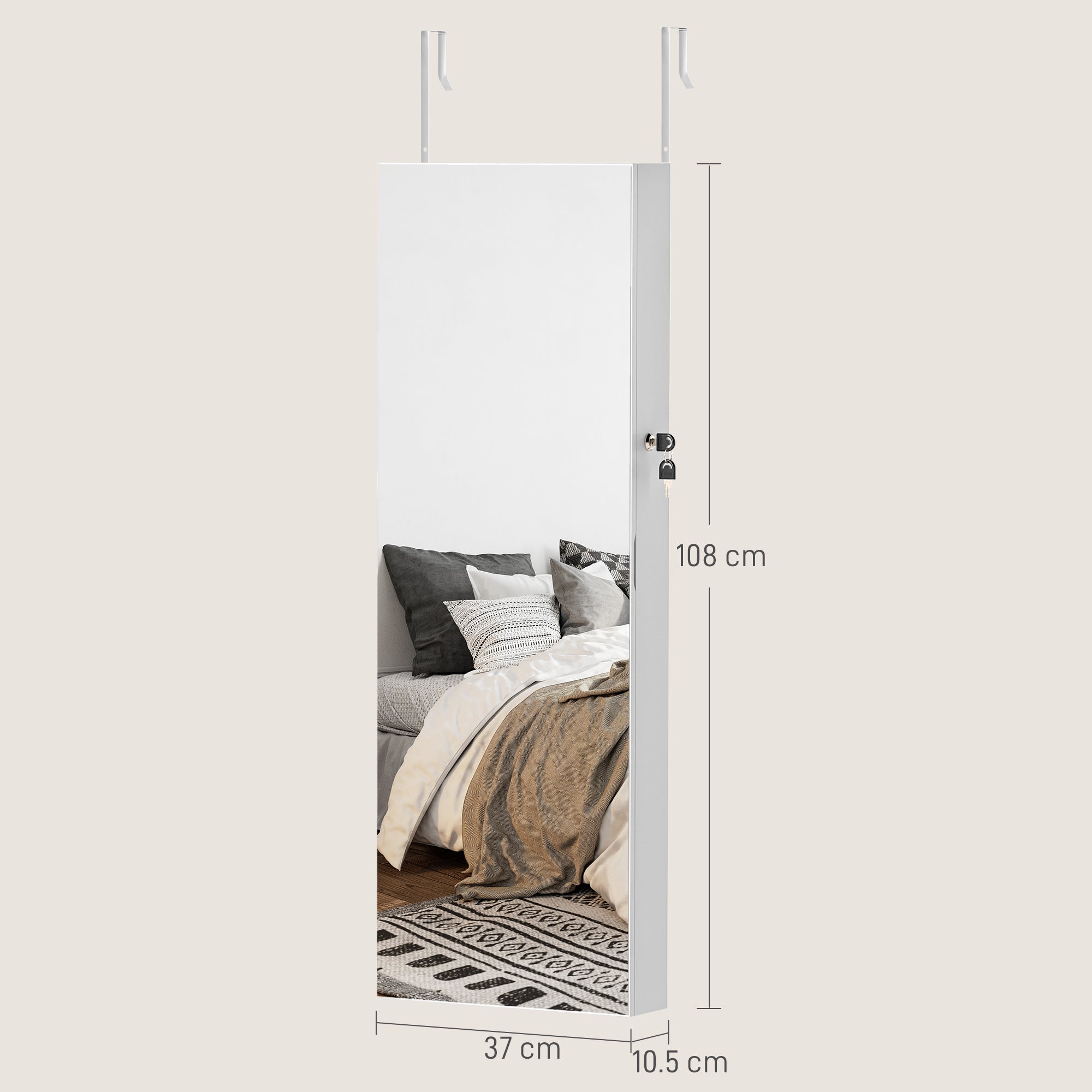 Lockable 108 x 37cm Jewellery Cabinet with LED Lights and Mirror - White/Black