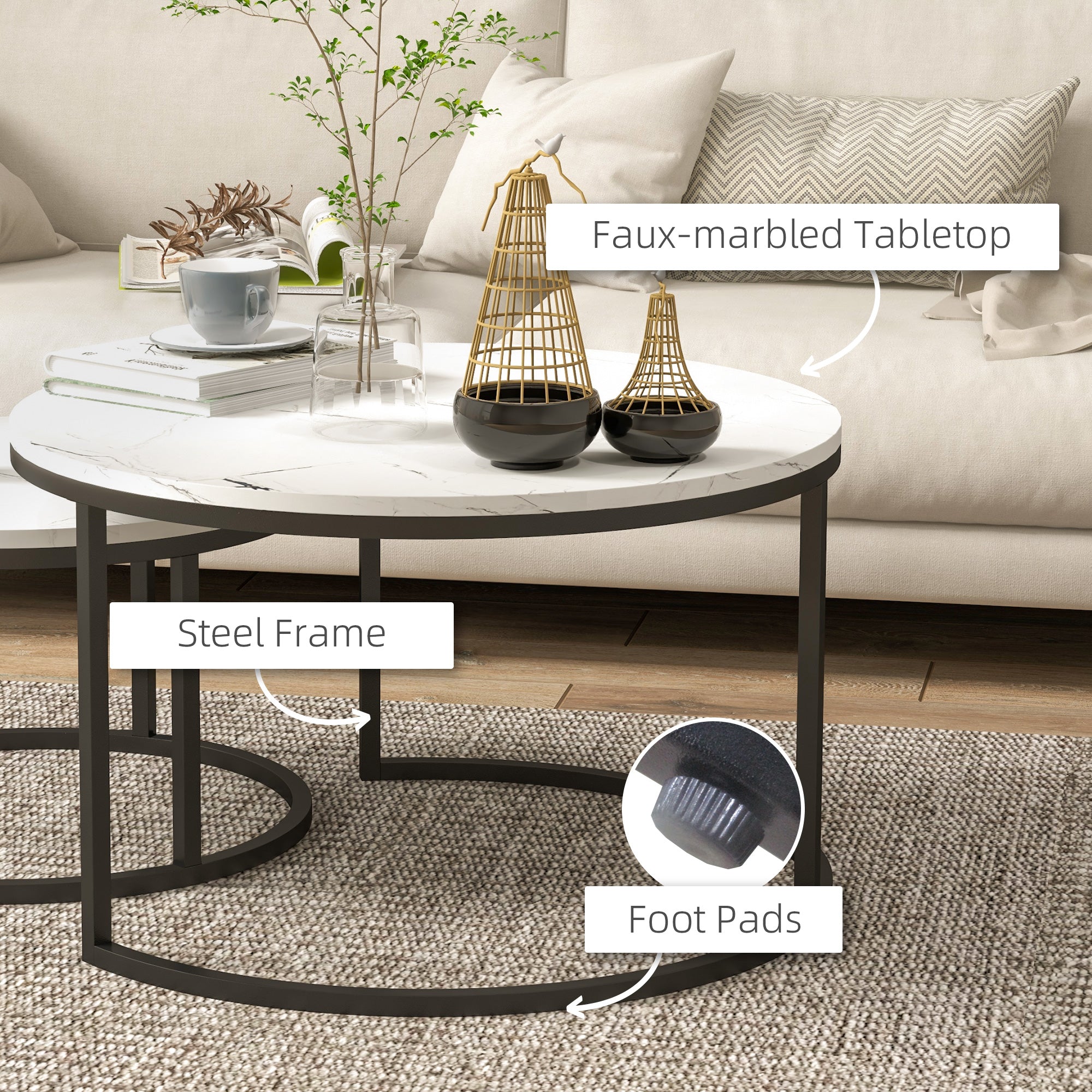 Set of Two Marble-Effect Stacking Tables - Black/White