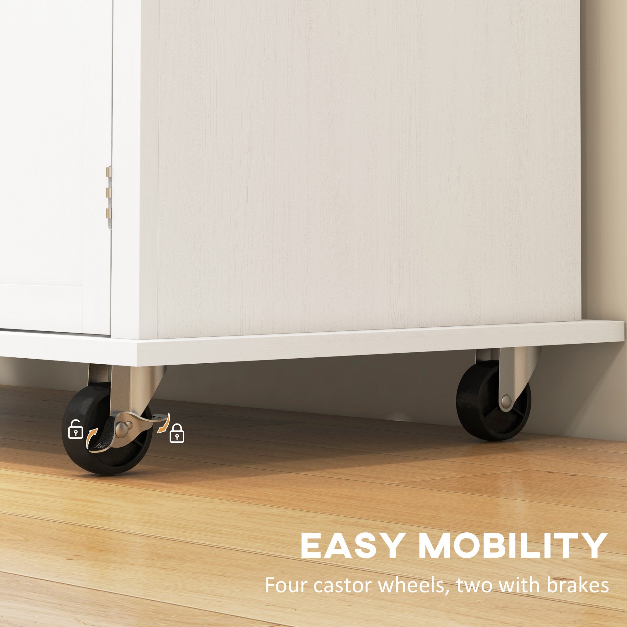 Rolling Kitchen Island Storage Trolley with Rubber Wood Top & Drawers for Dining Room, White