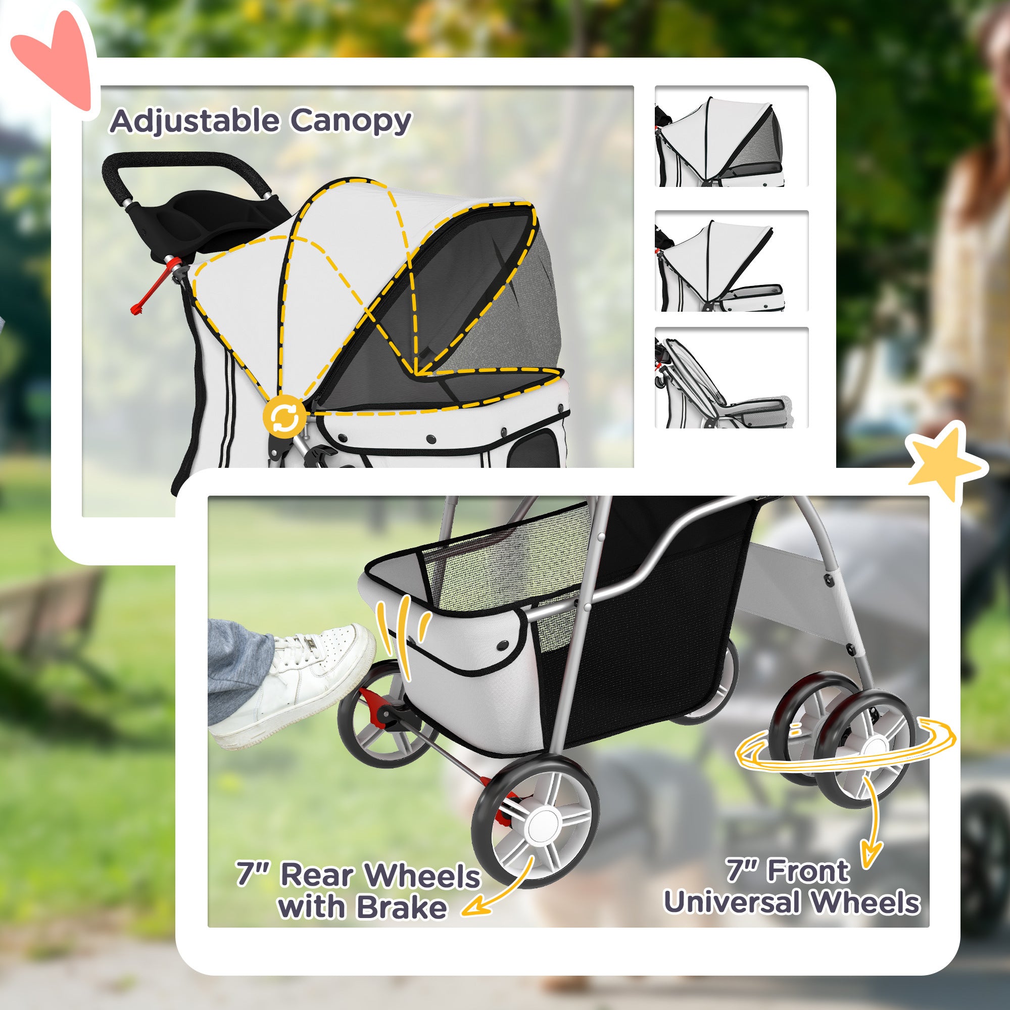 Dog Pram, Pet Stroller with Reflective Strips, Foldable Cat Stroller with 360° Swivel Wheels, Grey