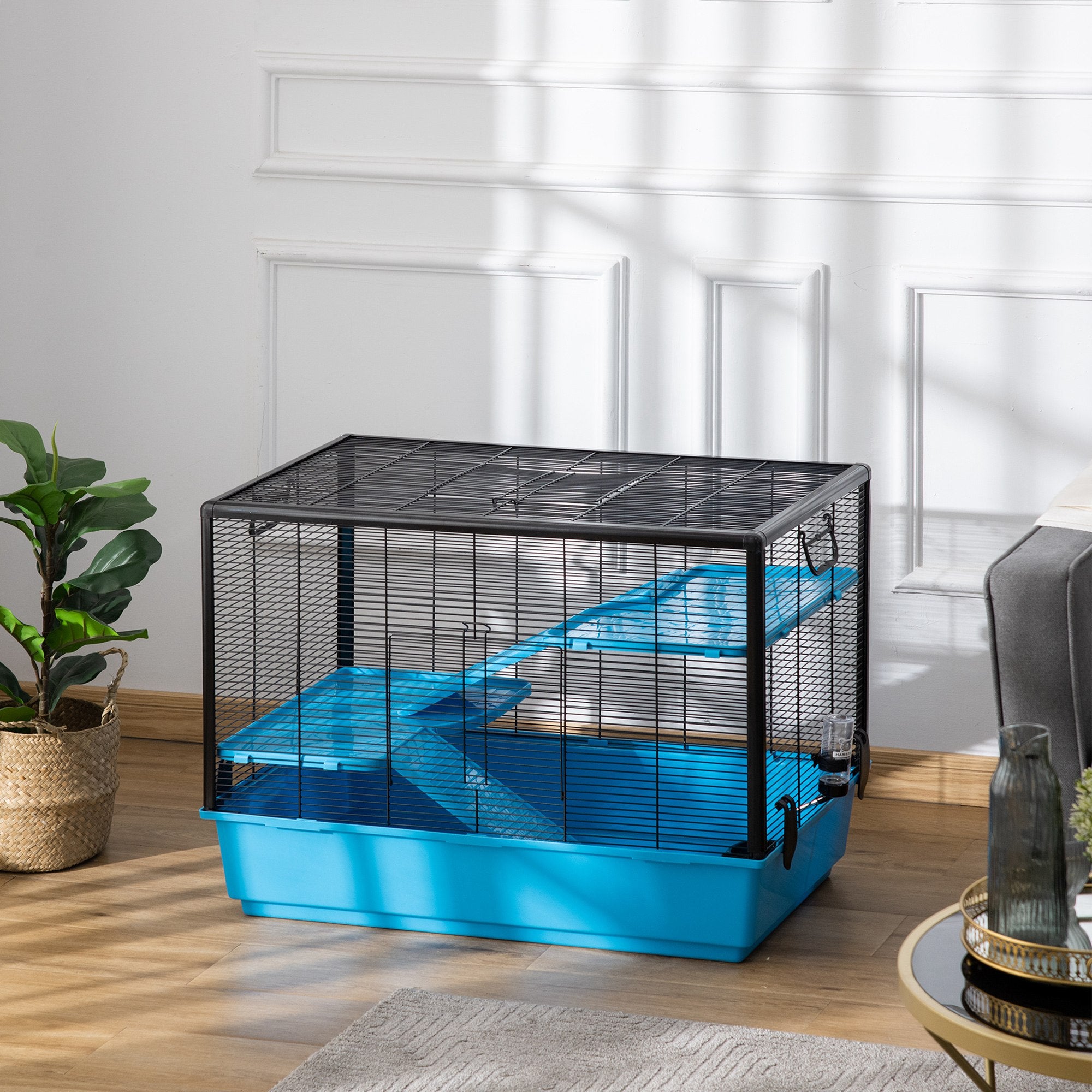 Indoor Small Animal Cage Habitat for Guinea Pigs Hamsters Chinchillas With Accessories, 80x48x58 cm, Light Blue