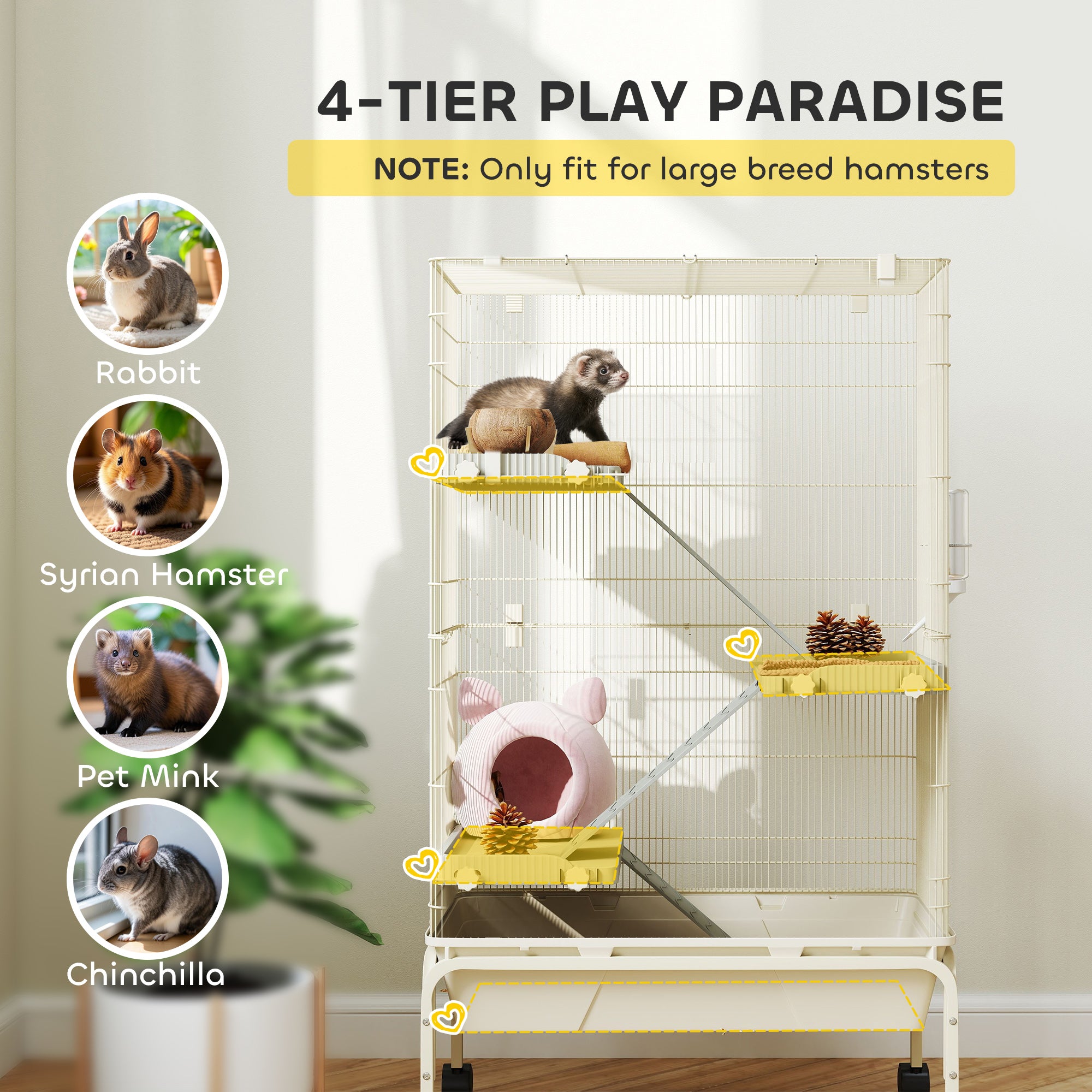 4-Level Rolling Small Animal Cage with 3 Ramps, Water Bottle & Food Dish, 15cm Deep Tray - Beige
