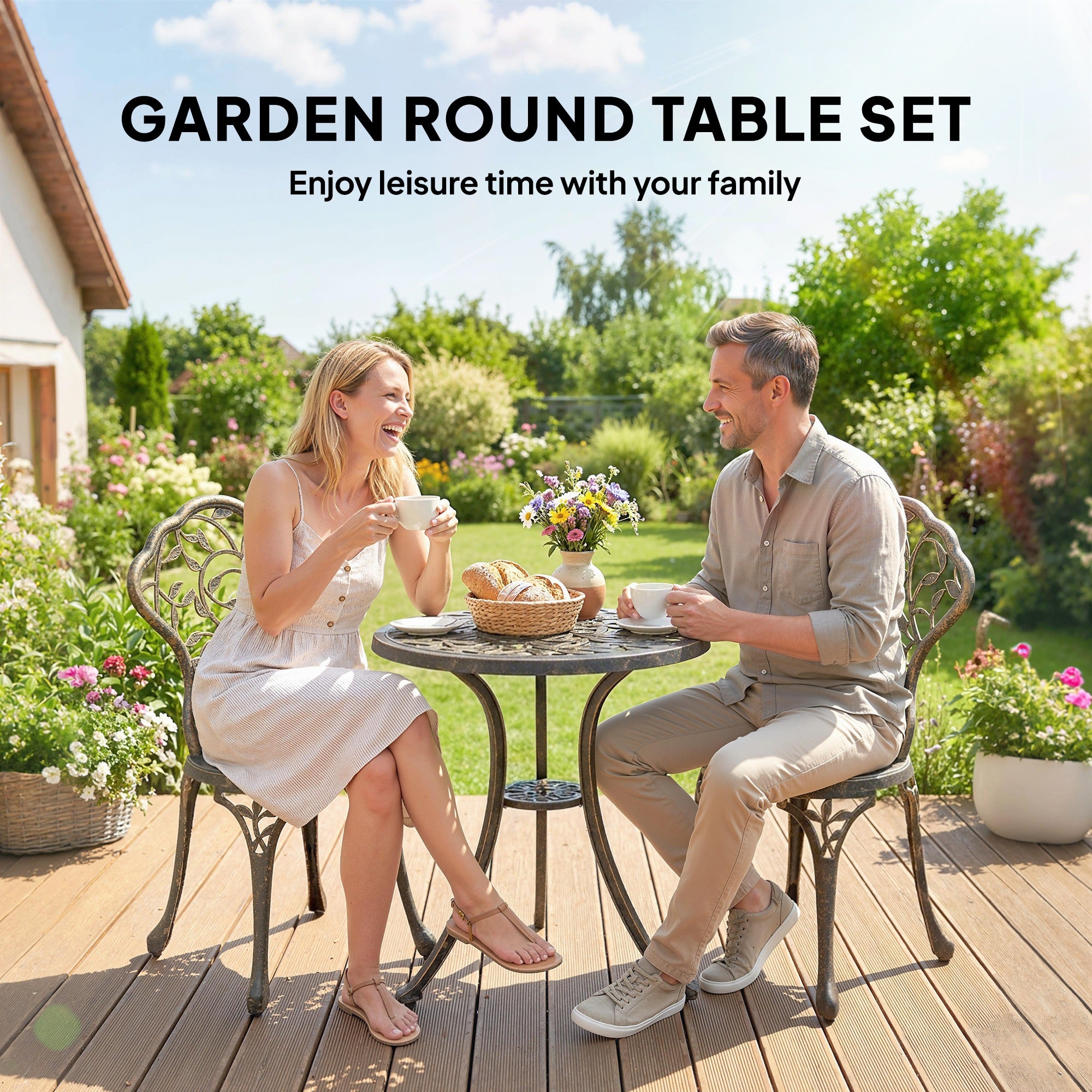 3 Pcs Aluminium Bistro Set Garden Furniture Dining Table Chairs Outdoor Seat Patio Seater Brown