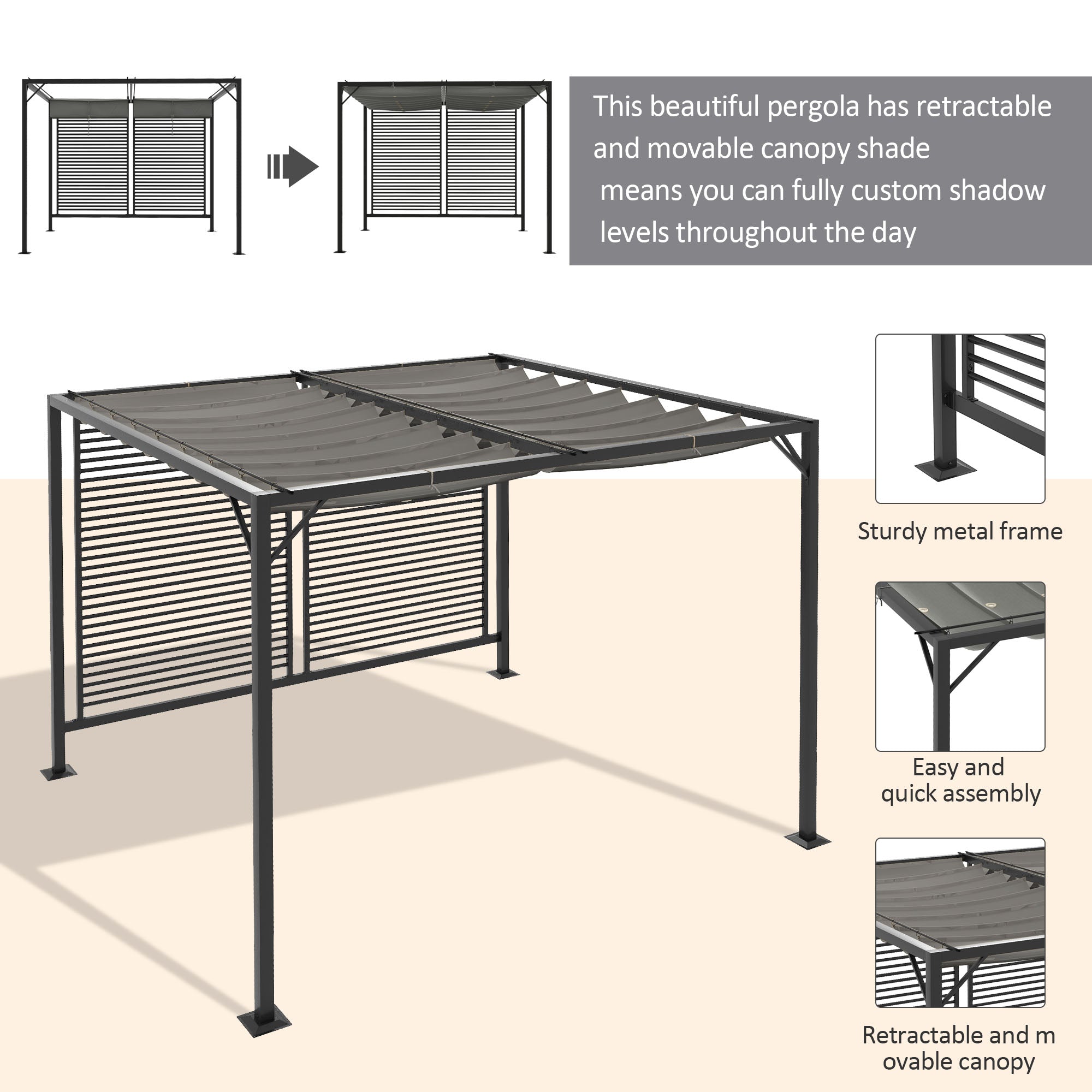 3 x 2.8m Metal Pergola, with Retractable Fabric Roof - Grey