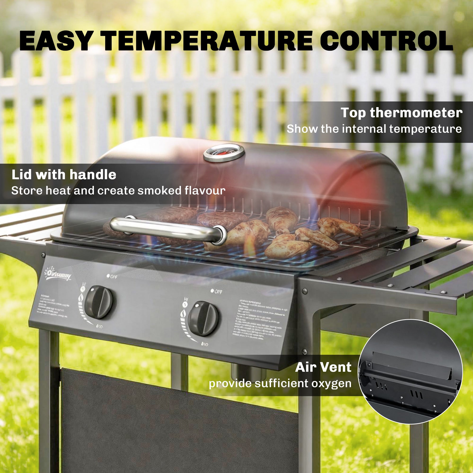 Gas Burner Barbecue Grill, 2 Burner Gas Grill with Side Tables, Warming Rack, Shelf, Thermometer, Grease Tray, Black