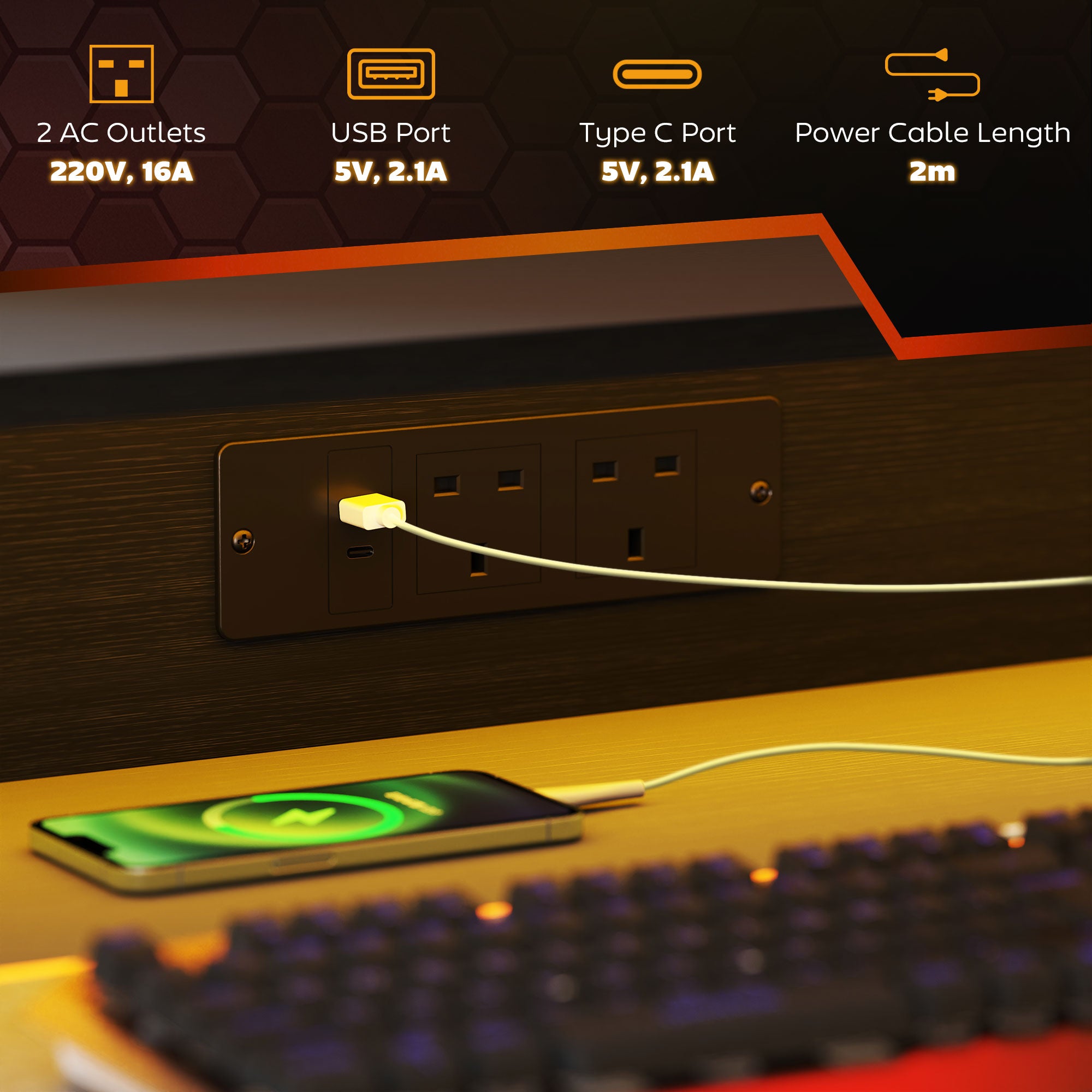 Gaming Desk with LED Lights and Power Outlets, 100 x 60cm Z Shaped Computer Desk with Monitor Stand and Steel Frame, PC Gaming Table for Home Office, Black