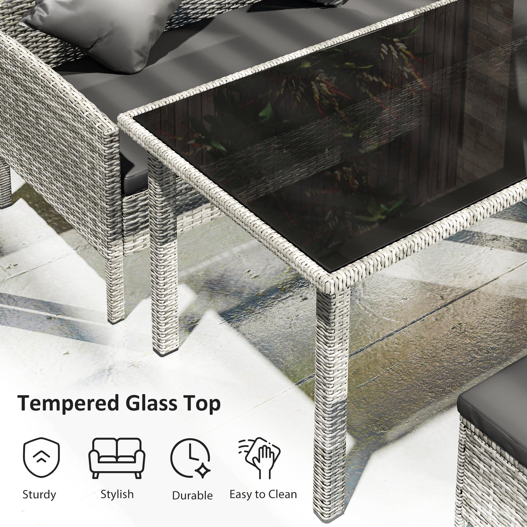 tsunny 6-Seater Rattan Dining Set Sofa Table Footstool Outdoor w/ Cushion Garden Furniture, Dark Grey