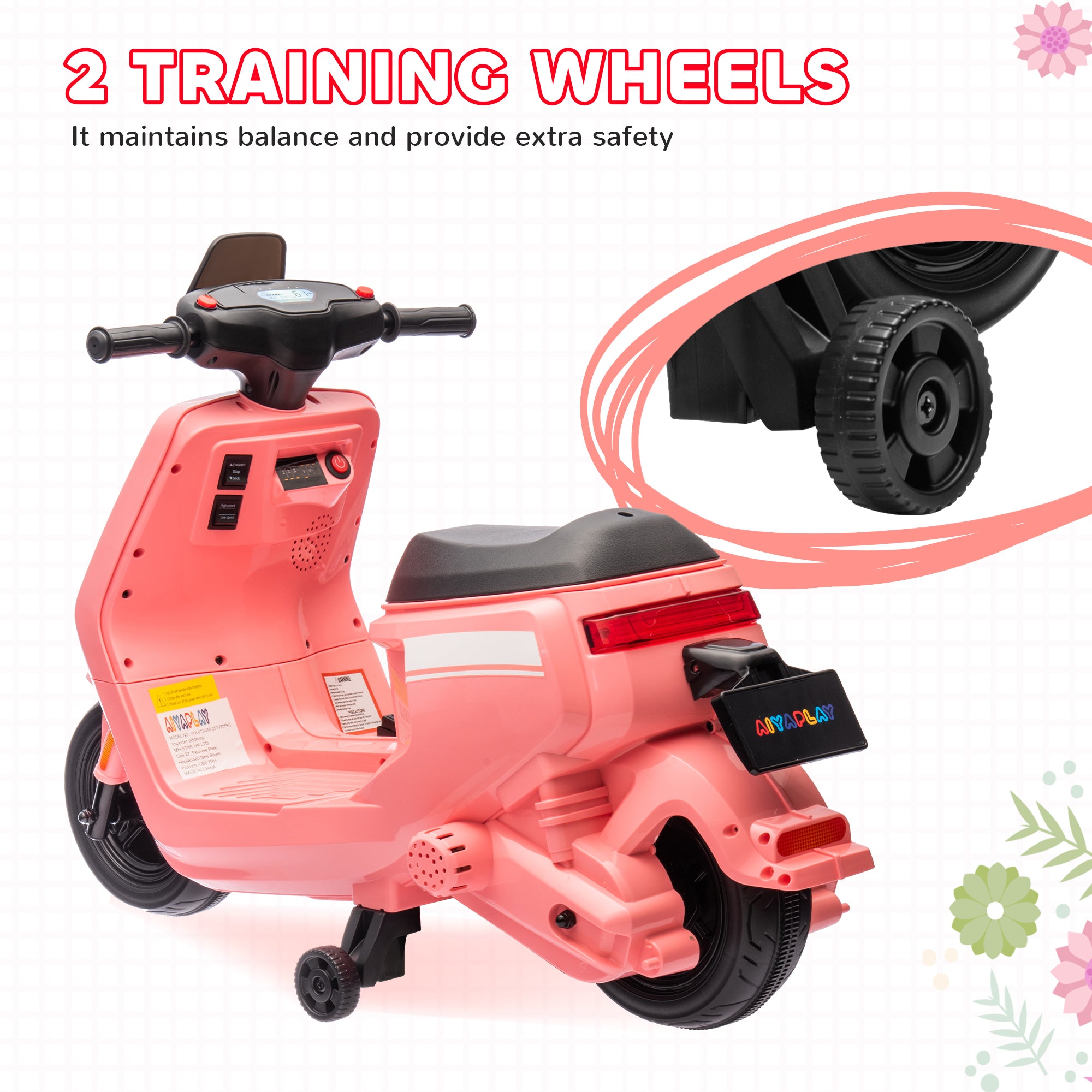 6V Ride on Motorbike, Kids Electric Motorbike w/ Headlights, Music, Training Wheels, for Ages 18-36 Months, Pink