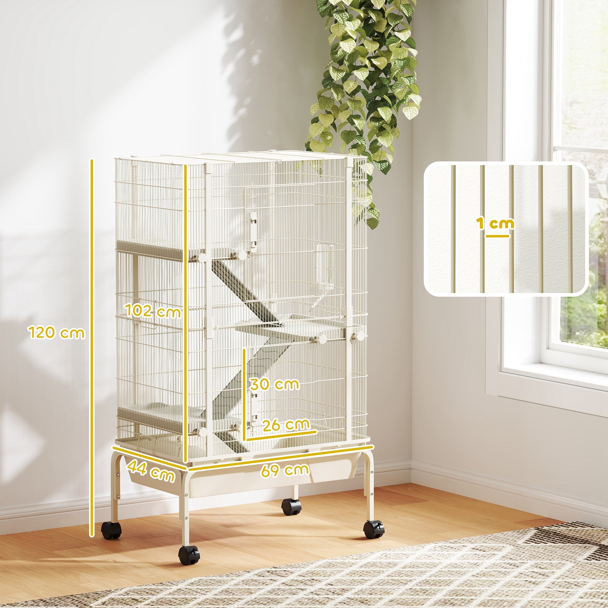 4-Level Rolling Small Animal Cage with 3 Ramps, Water Bottle & Food Dish, 15cm Deep Tray - Beige