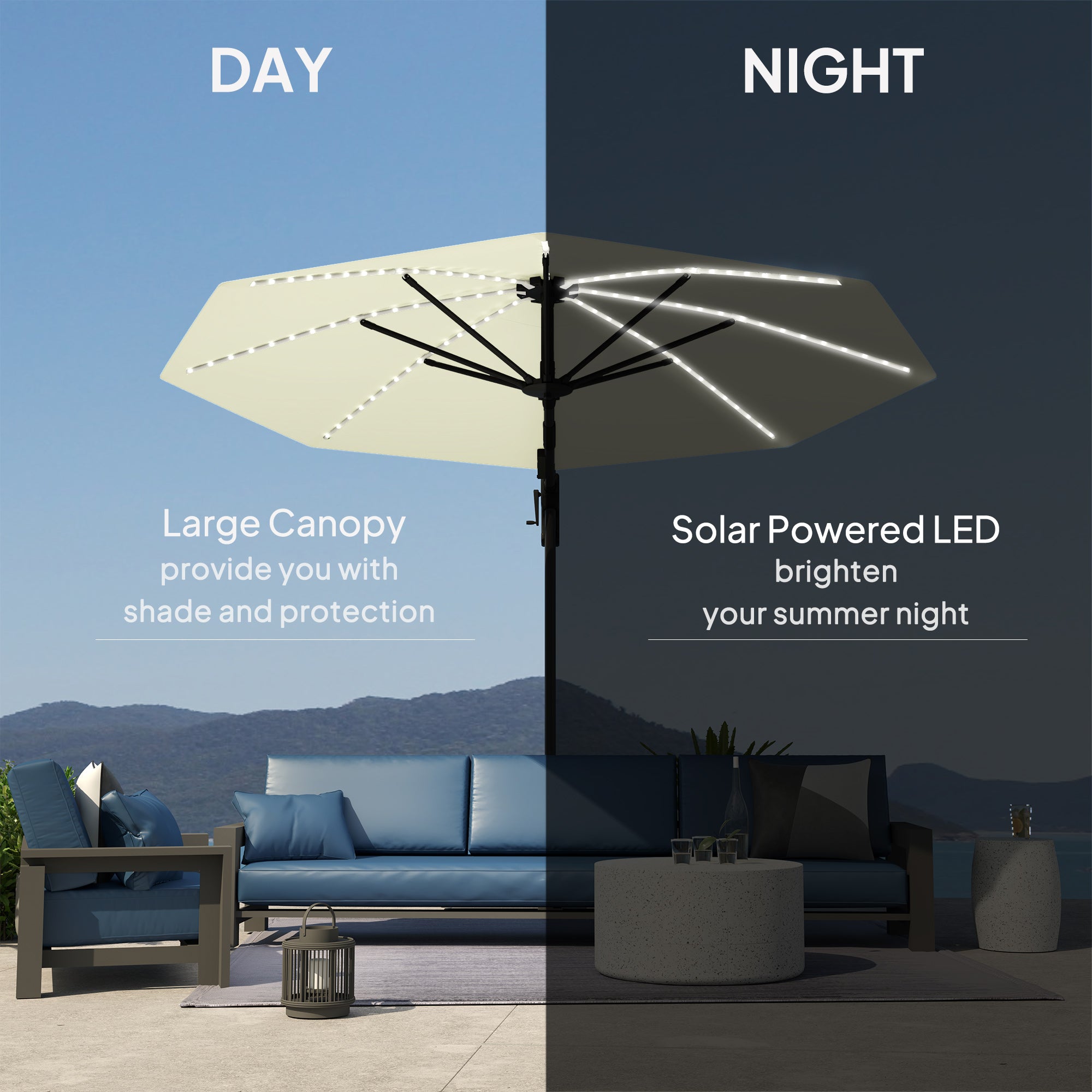 3 Metre Cantilever Garden Parasol with Solar Lights and Crank Handle - Cream