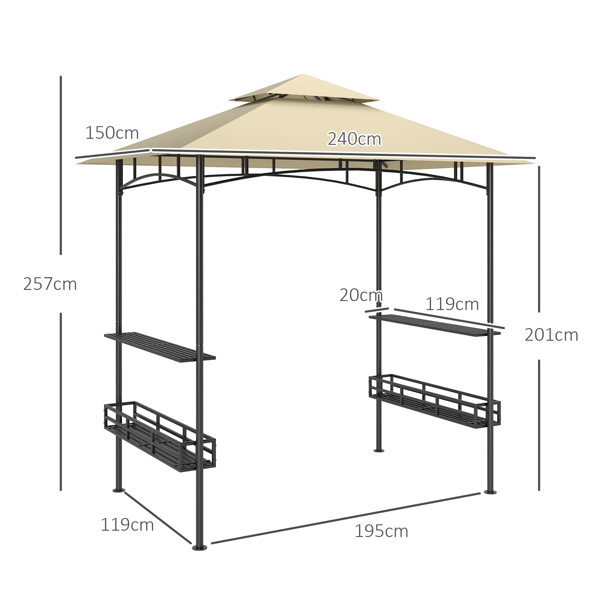 8 Foot Double Tiered BBQ Gazebo Canopy with Shelves and Storage - Beige