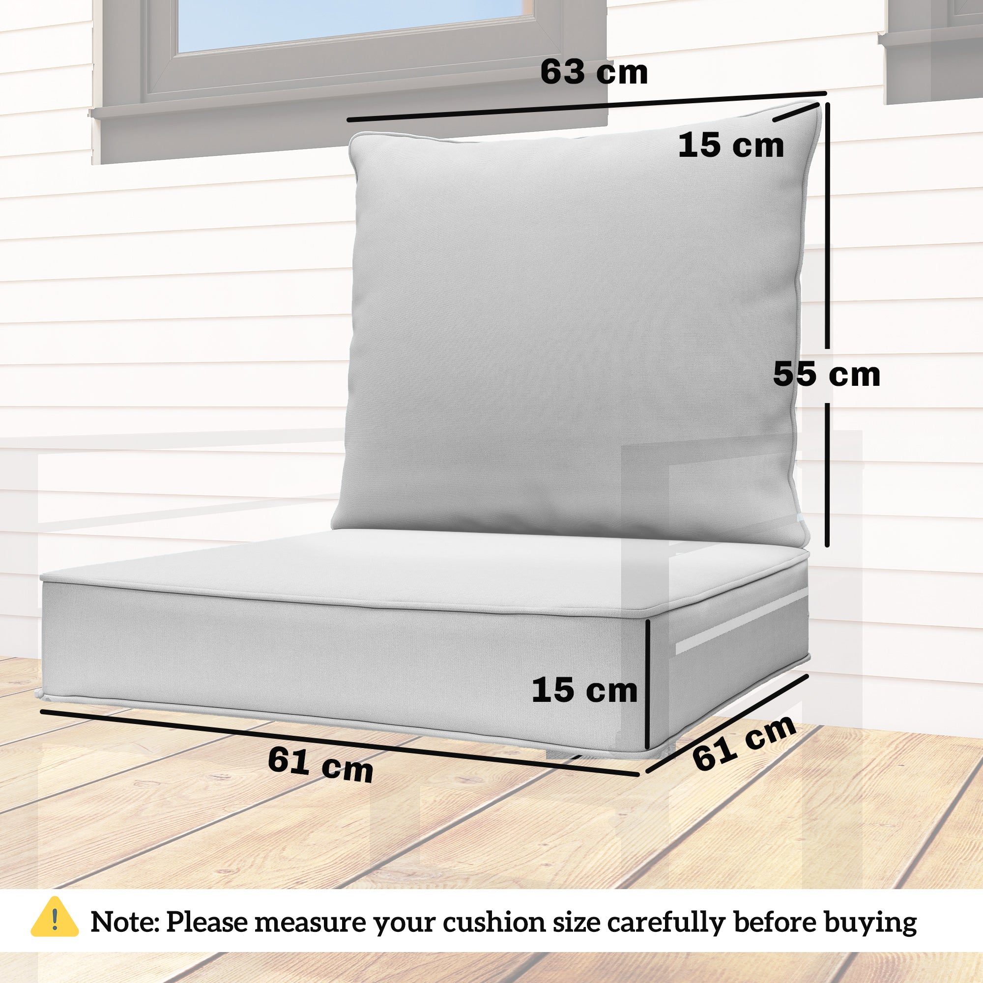 Outdoor Seat and Back Cushion Set, 63L x 55W x 15Dcm Patio Deep Seating Chair Fade Resistant Replacement Cushion, Light Grey