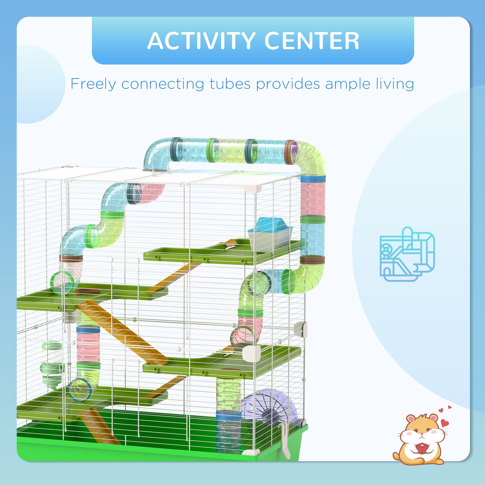 Hamster Cage w/ Water Bottle, Exercise Wheel, Tubes, Ramps - Green
