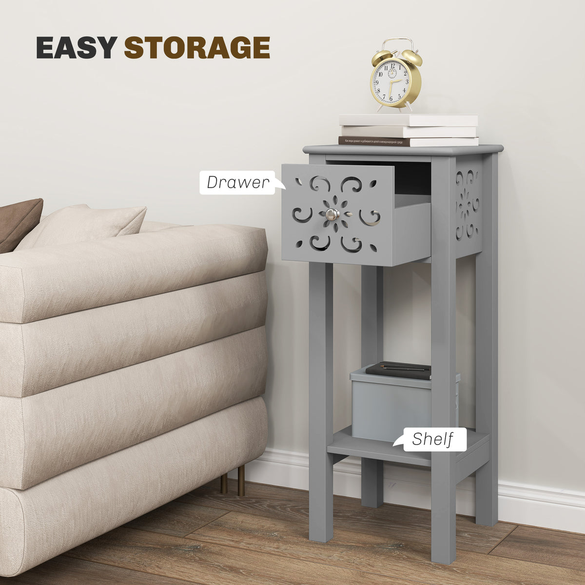 Set of 2 Elegant Floral Cut-Out Side Tables with Drawer and Shelf - Grey