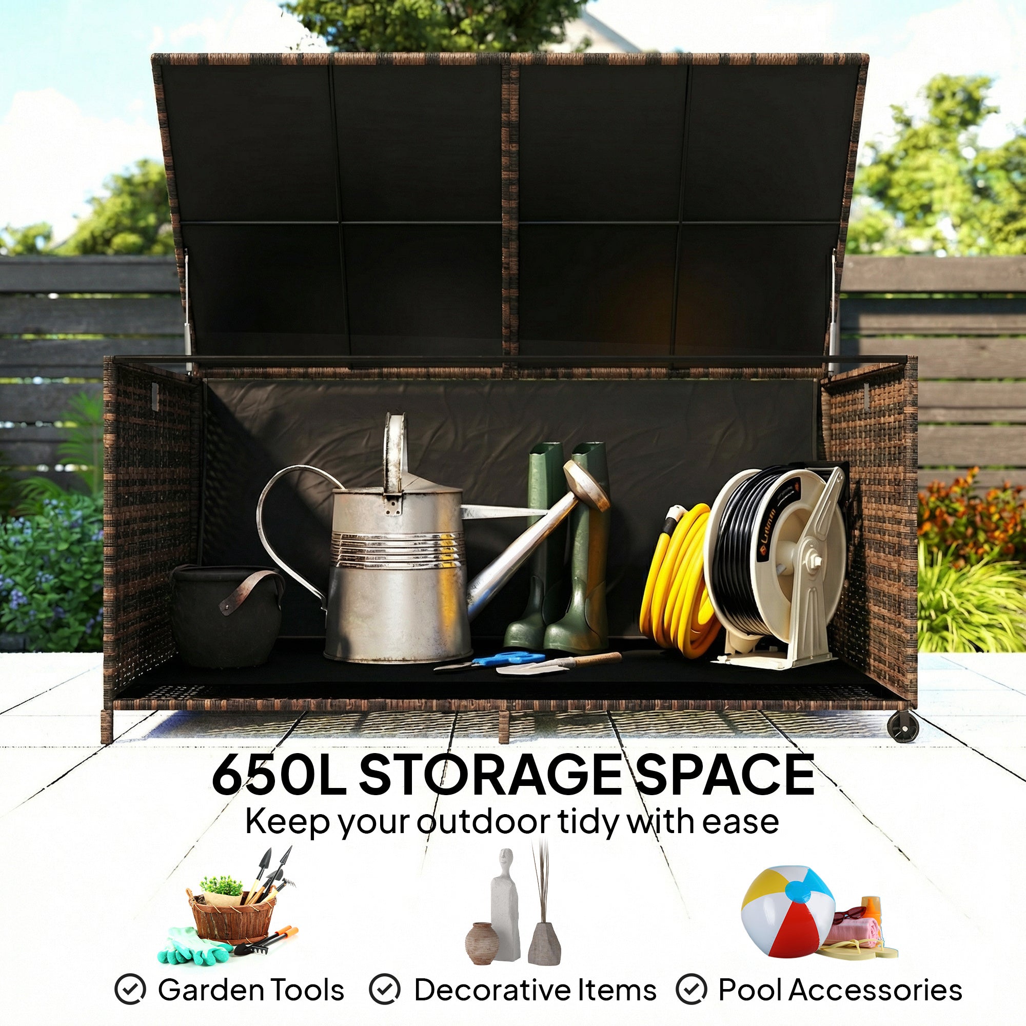 650L Garden Storage Box with 2 Wheels, Rattan Deck Box with Waterproof Zipped Liner, Safe Pneumatic Rods, Mixed Brown
