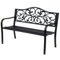 Metal Garden Bench with Floral Backrest and Armrests - Black