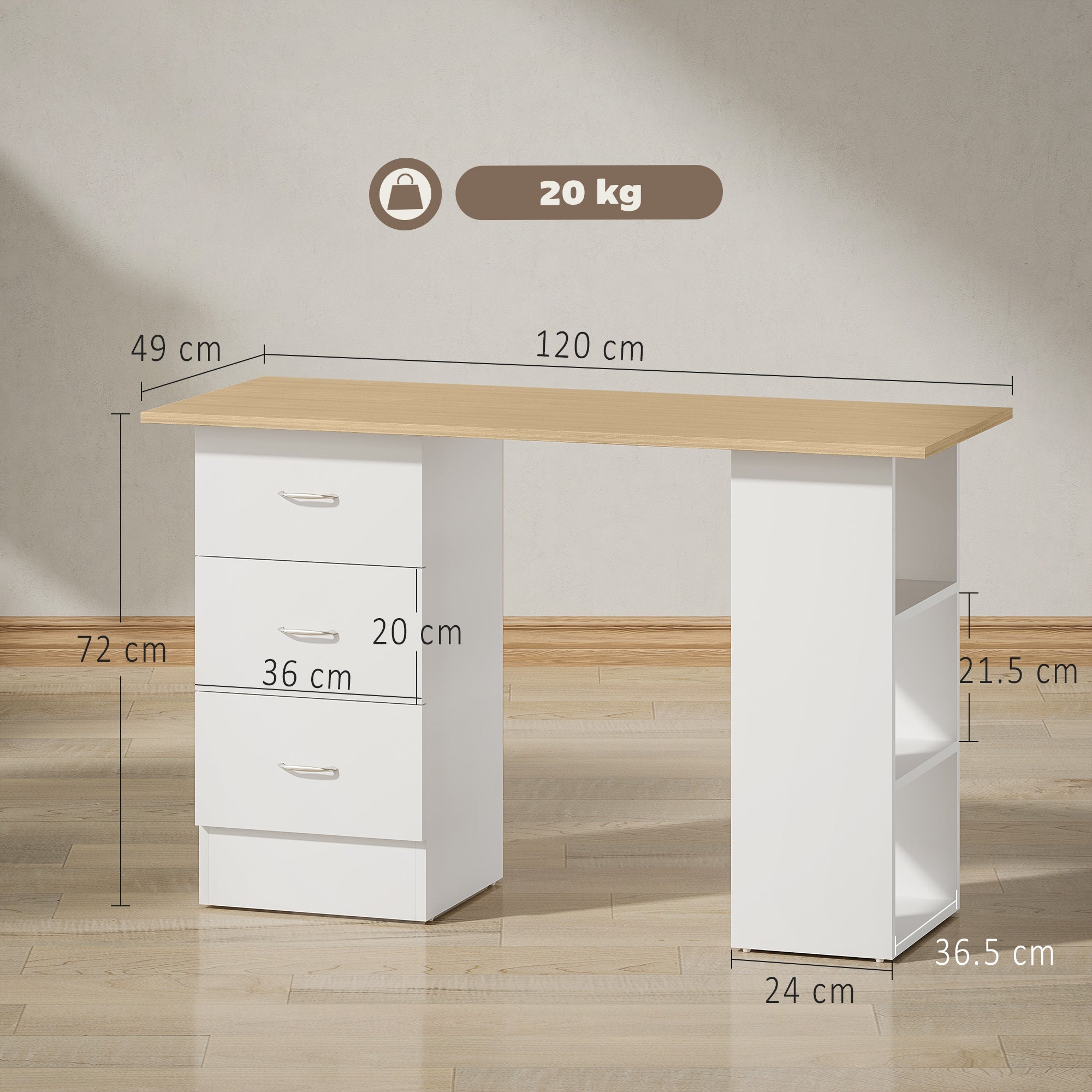 Computer Desk with Drawers, Home Office Desk, Writing Table, PC Workstation with 3 Storage Shelves for Working, Study, 120 x 49 x 72 cm, Natural Wood Finish and White