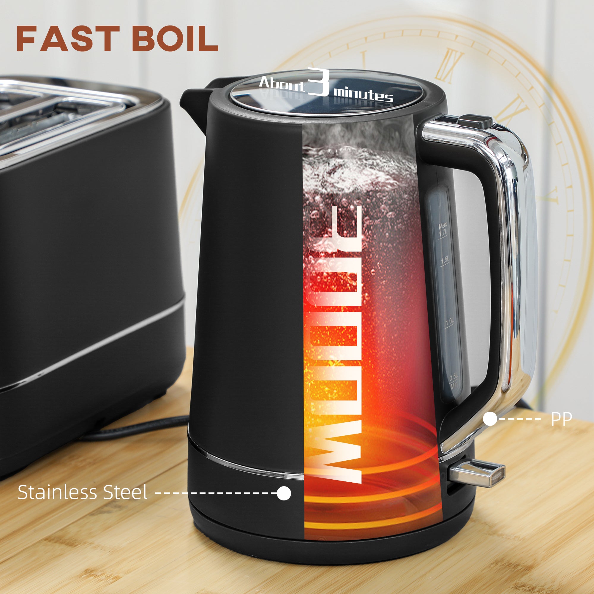 1.7L 3000W Fast Boil Kettle & 2-Slice Toaster Set with 6 Browning Levels, Defrost & Reheat - Black