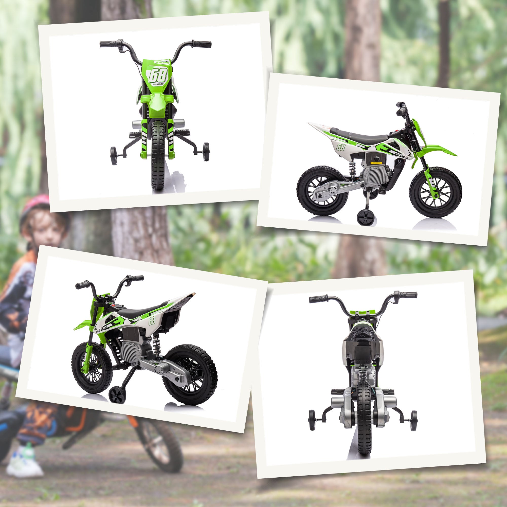 12V Kids Electric Motorbike, Kids Electric Ride on Motorcycle w/ Twist Grip Throttle, Training Wheels - Green