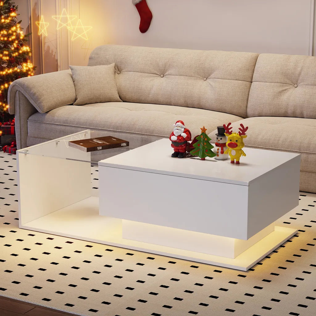 High-Gloss Coffee Table with Glass Top and LED Lights, Sofa Table for Living Room, 105L x 55W x 32.5H cm, White