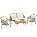 4 Piece Rattan Garden Furniture Set with Loveseat, Armchairs, Wood Table, Wicker Patio Conversation Set, Cream White