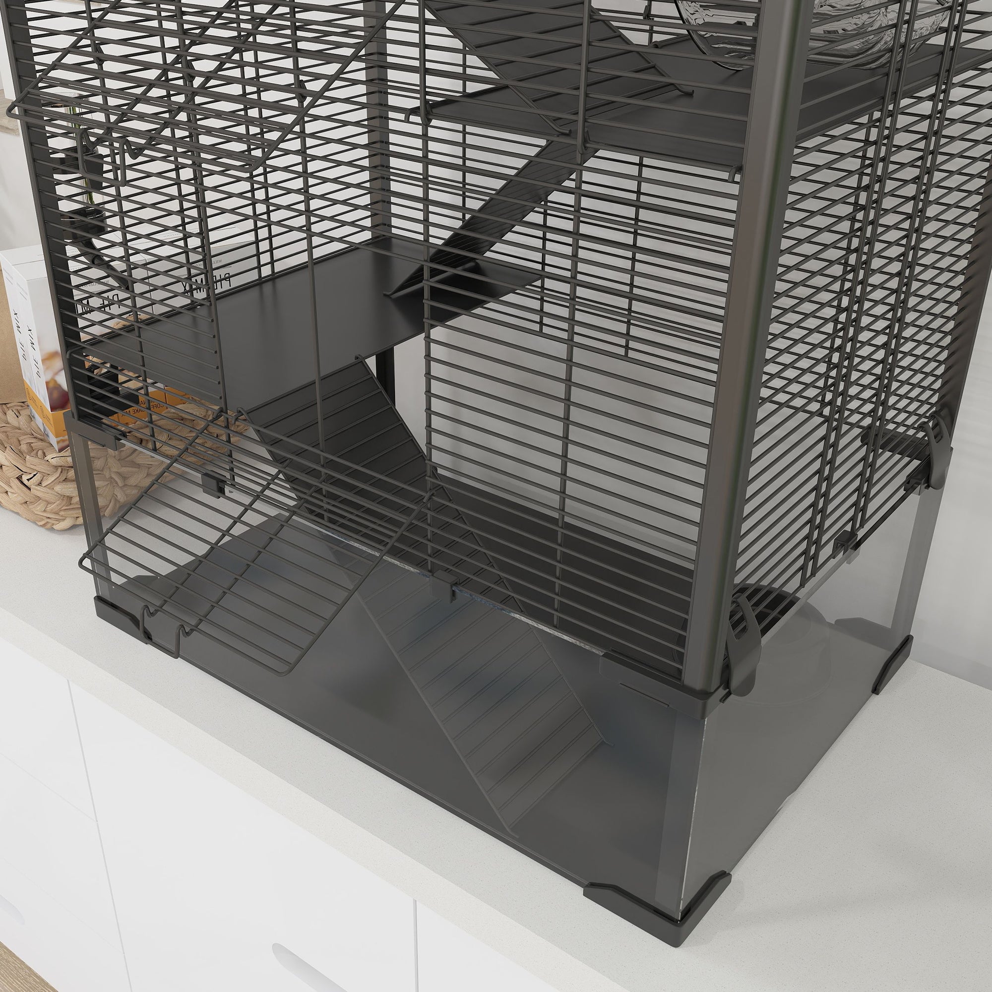 4 Tiers Hamster Cage with Tempered Glass Bottom, Hut, Wheel, Food Dish & Water Bottle, 60x40x80cm - Black