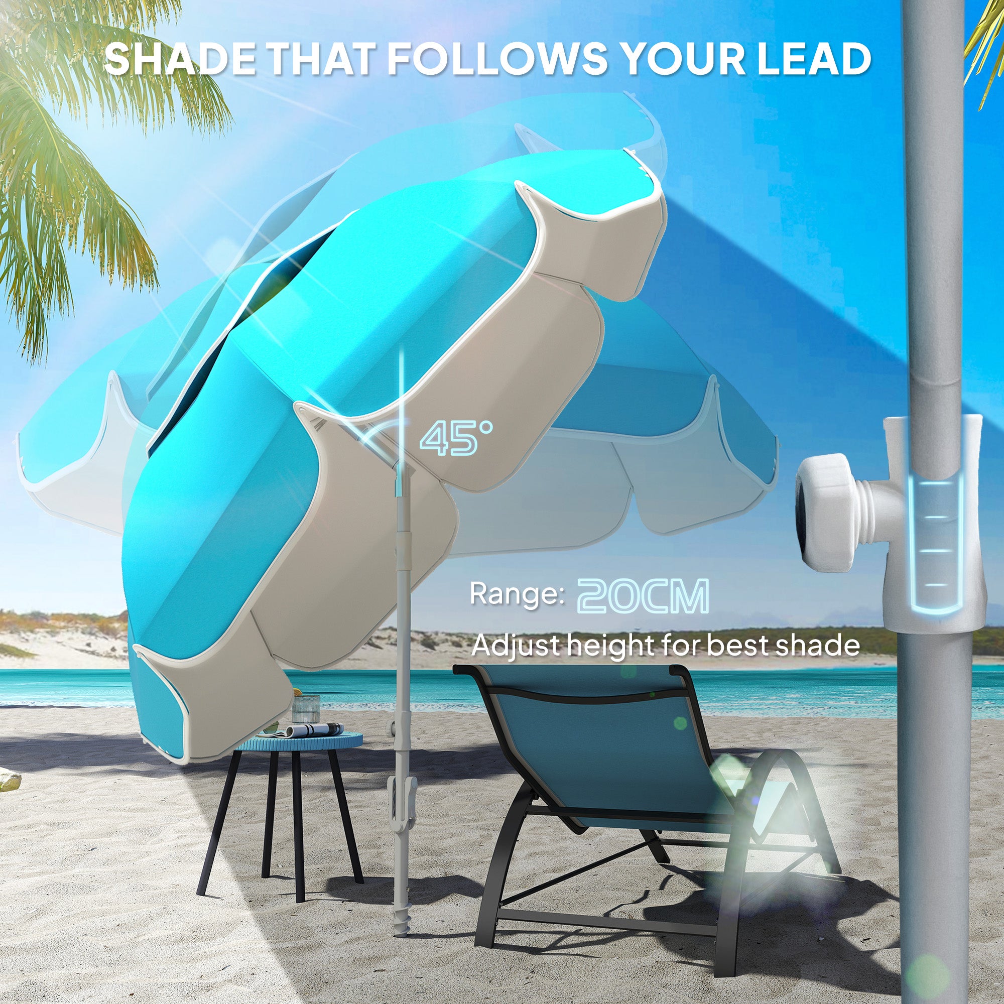 Beach Umbrella Portable with Sand Anchor, Carry Bag, Adjustable Height & Tilt, UPF50+ UV Protection, Blue