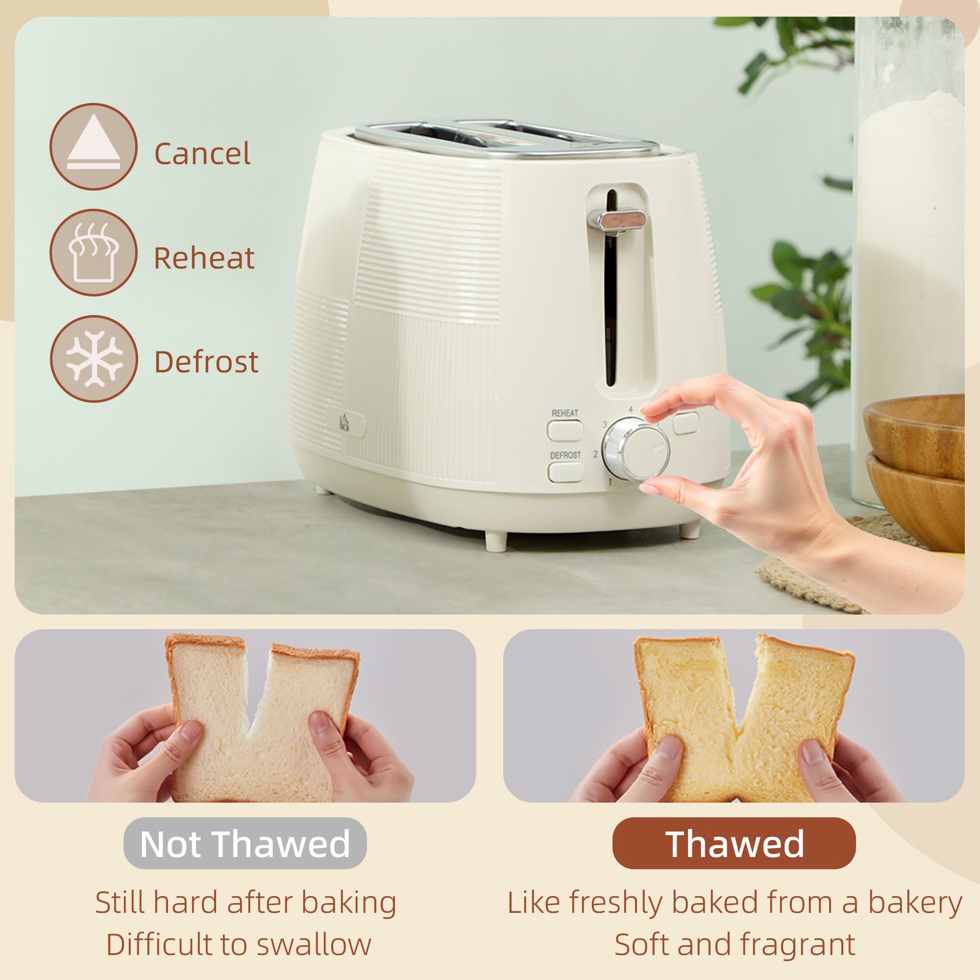 1.7L 3000W Fast Boil Kettle & 2-Slice Toaster Set with 7 Browning Levels, Defrost & Reheat - Cream White