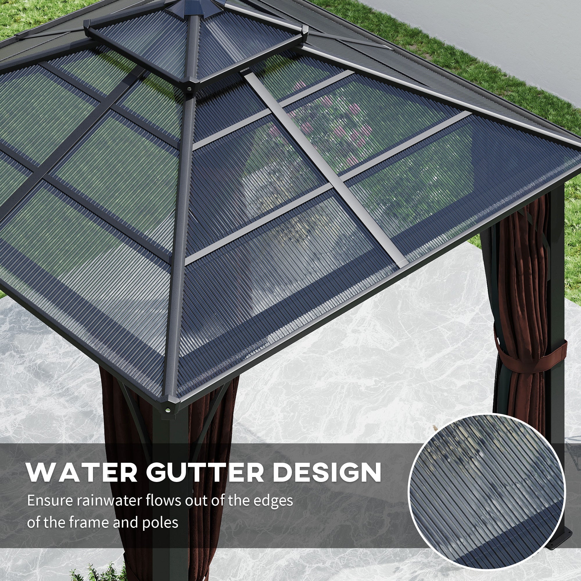 3 x 3(m) Hardtop Gazebo Canopy with 7mm Double Polycarbonate Roof, Garden Gazebo Permanent Pavilion with Mosquito Netting and Curtains for Patio, Deck, Brown