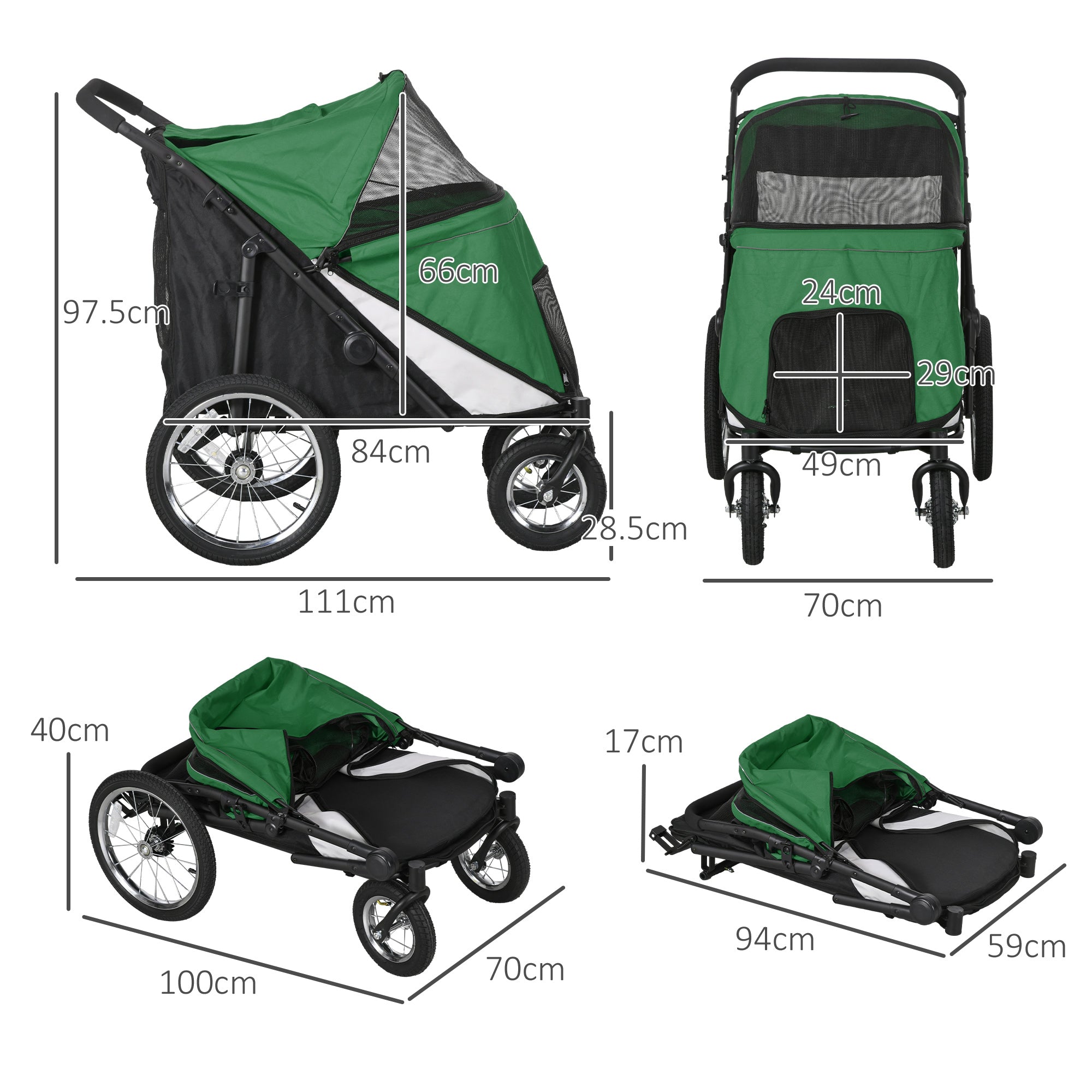 Foldable Pet Stroller, with Washable Cushion, Storage Bags, Safety Leash, for Medium, Large Dogs, Catts, Travel - Green